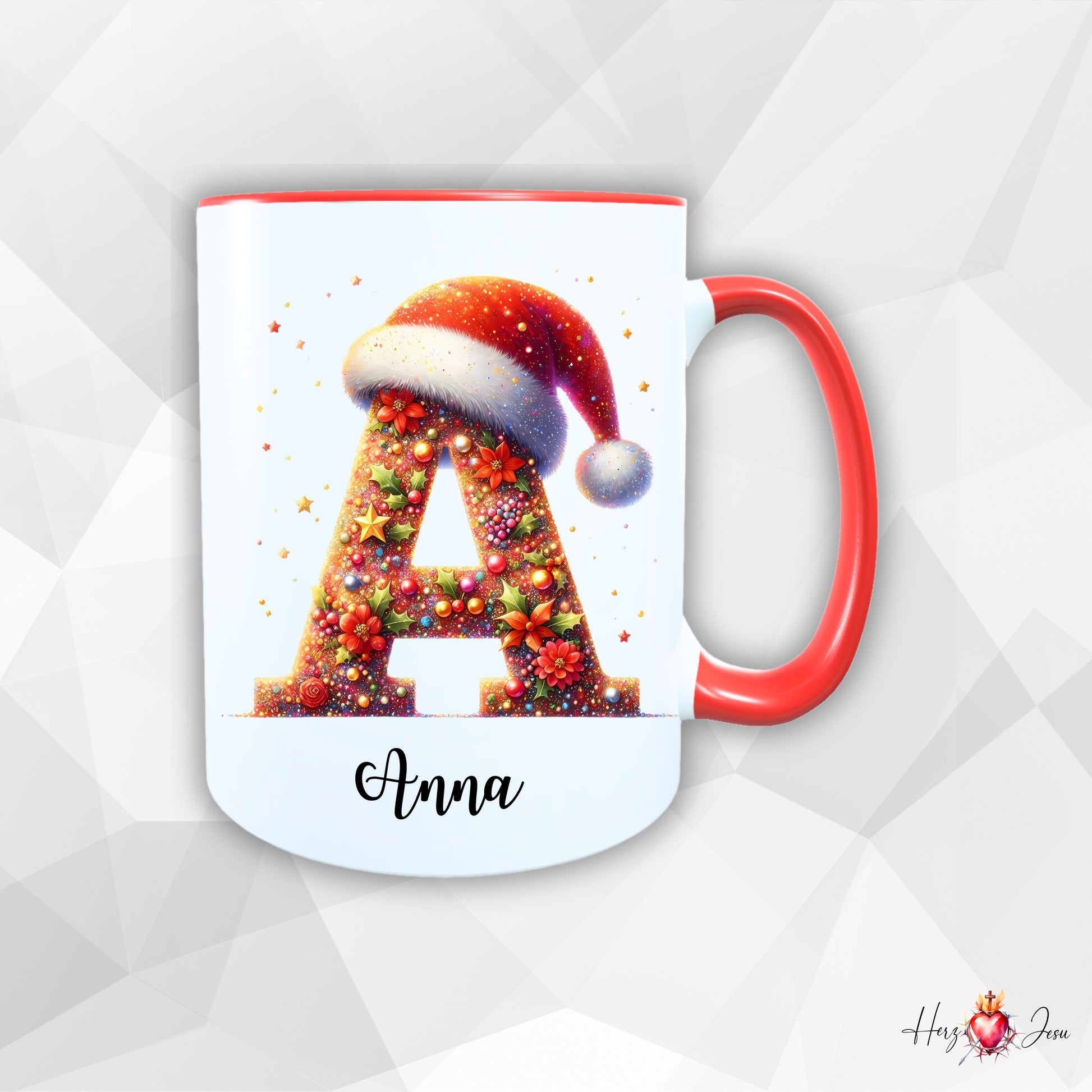 Personalisierte Weihnachtstasse mit rotem Henkel, Buchstabe A im weihnachtlichen Design mit Weihnachtsmütze und Name Anna als Geschenkidee.