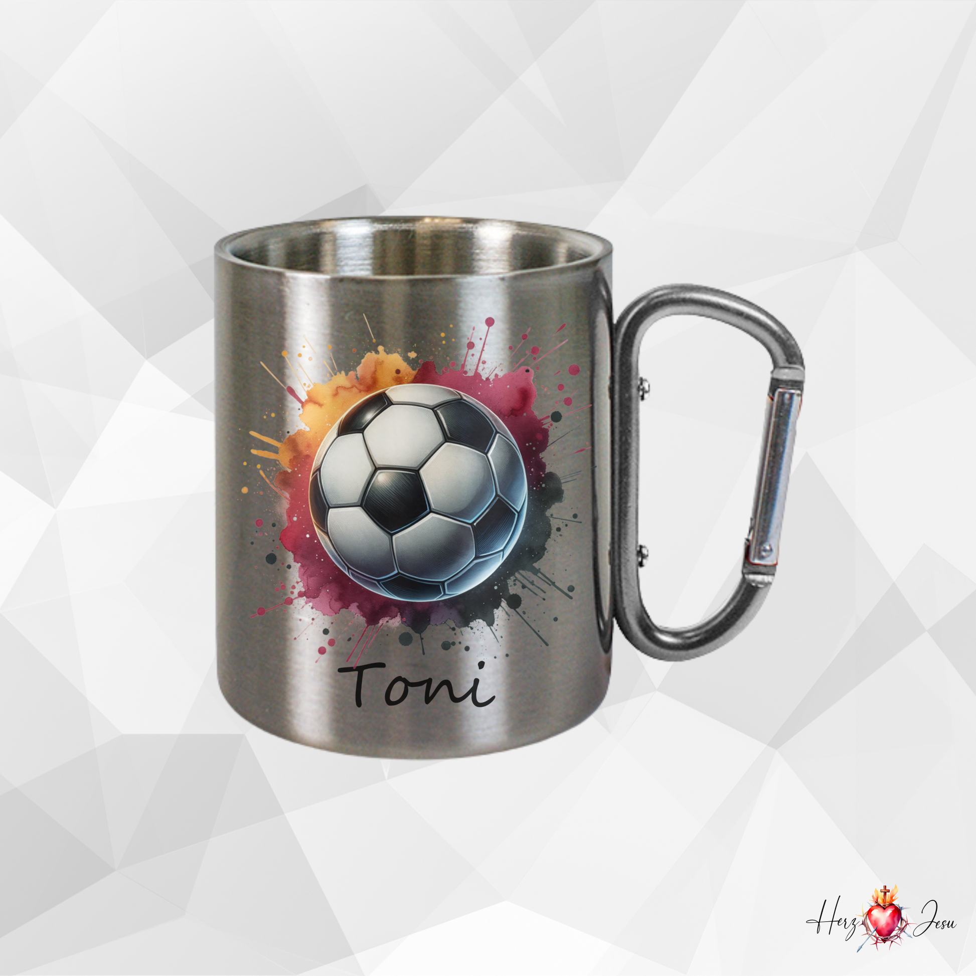 Personalisierte Edelstahl Tasse mit Namen | Kaffeetasse Camping Fußball