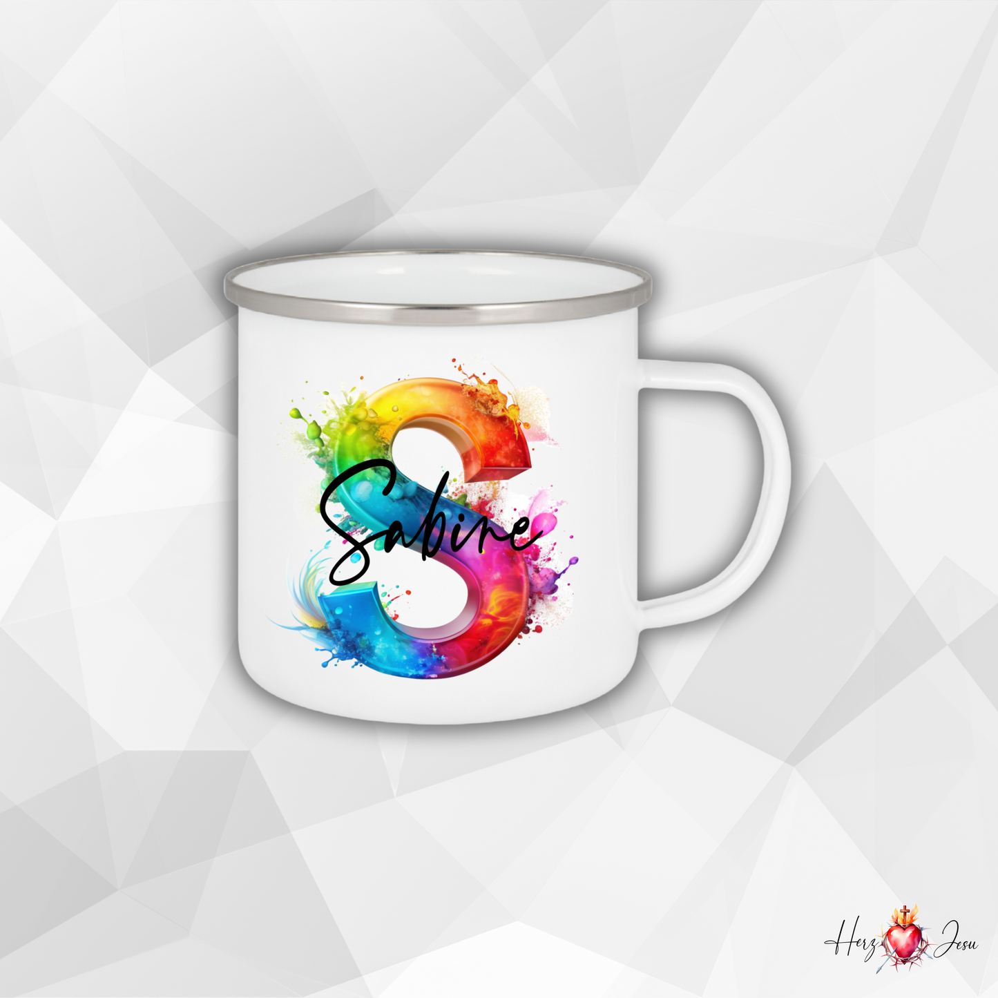 Personalisierte Emaille Tasse mit Namen Edelstahl Tasse Regenbogen_014H