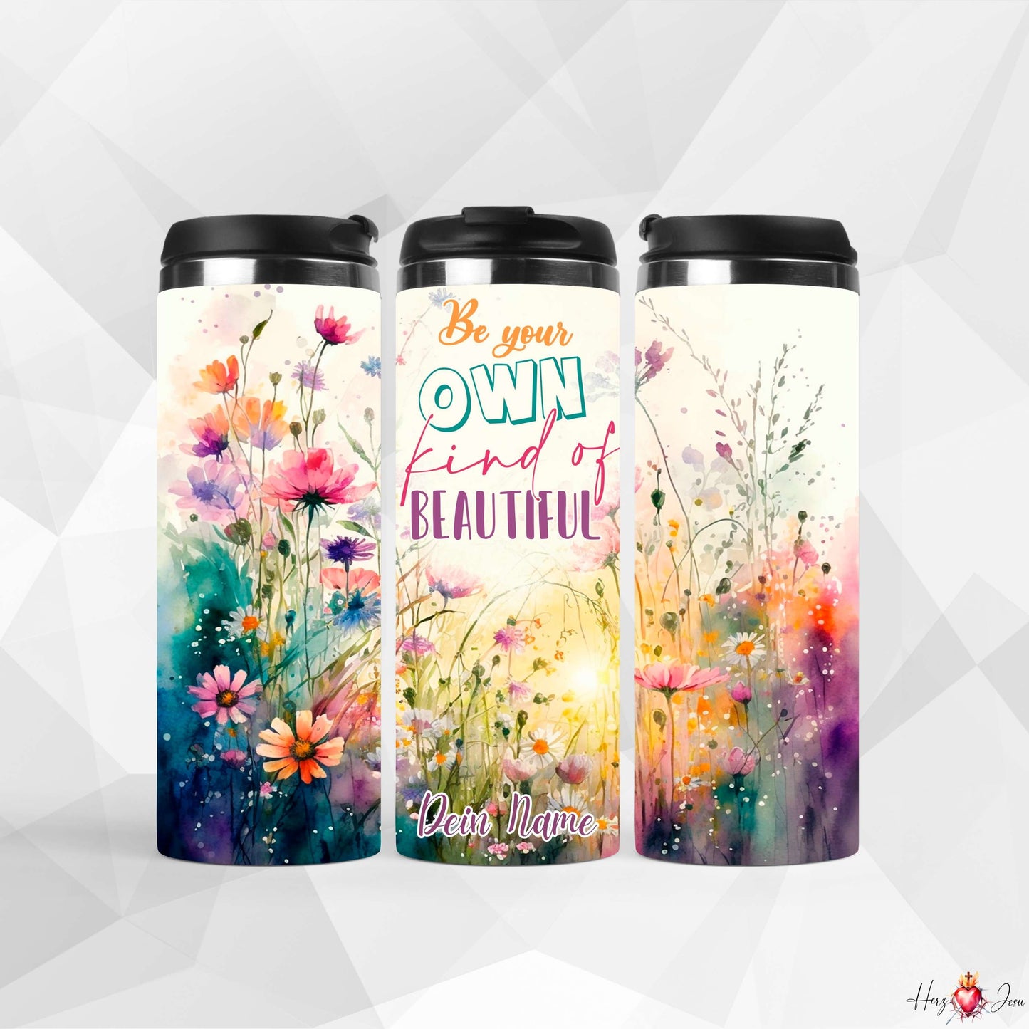 Personalisierter Kaffeebecher mit Namen, Blumenmotiv