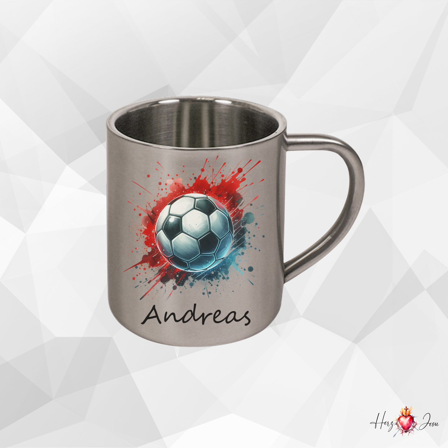 Personalisierte Edelstahl Tasse mit Namen | Kaffeetasse Camping Fußball