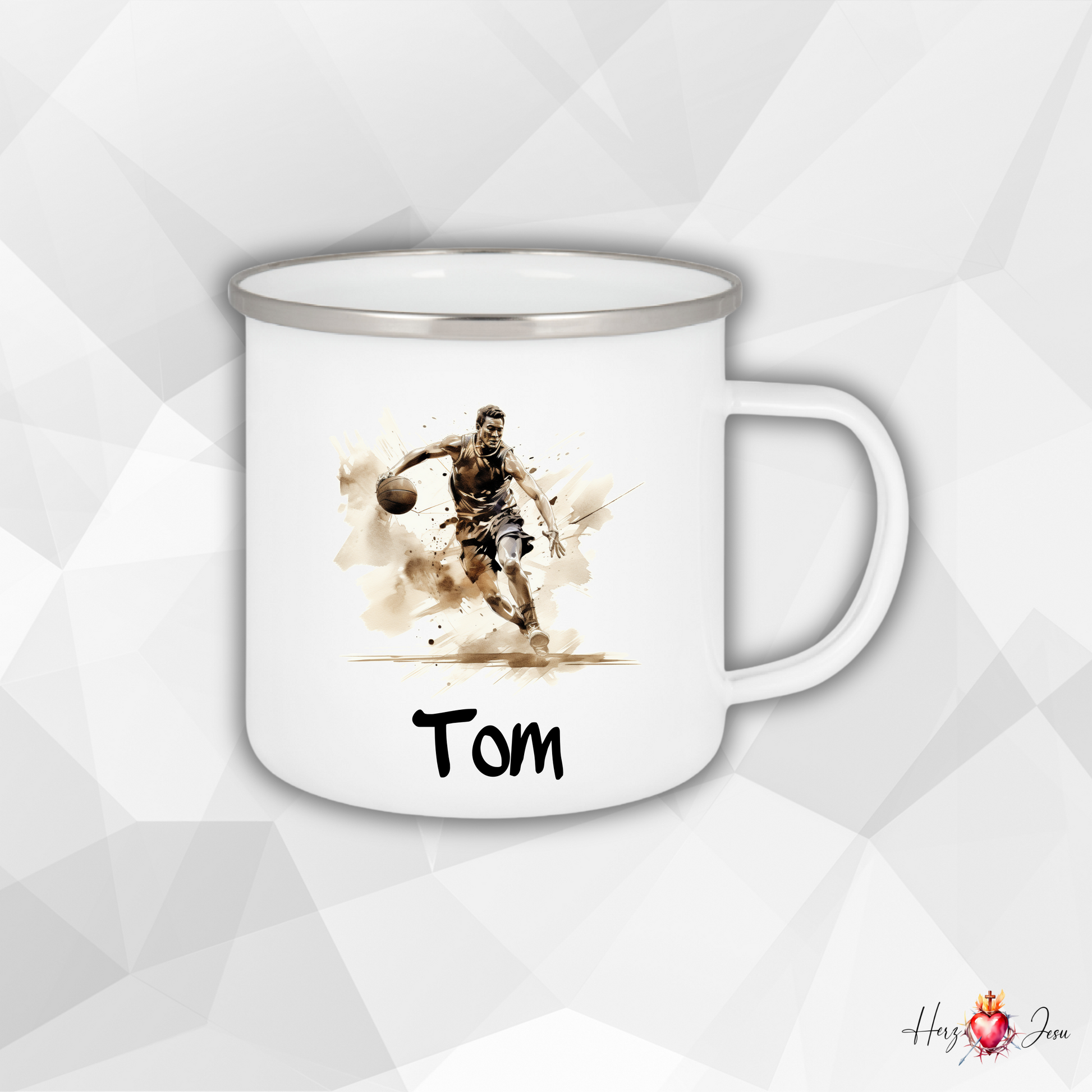 Personalisierte Emaille Tasse mit Namen Basketball Kindertasse Edelstahl Tasse_023H