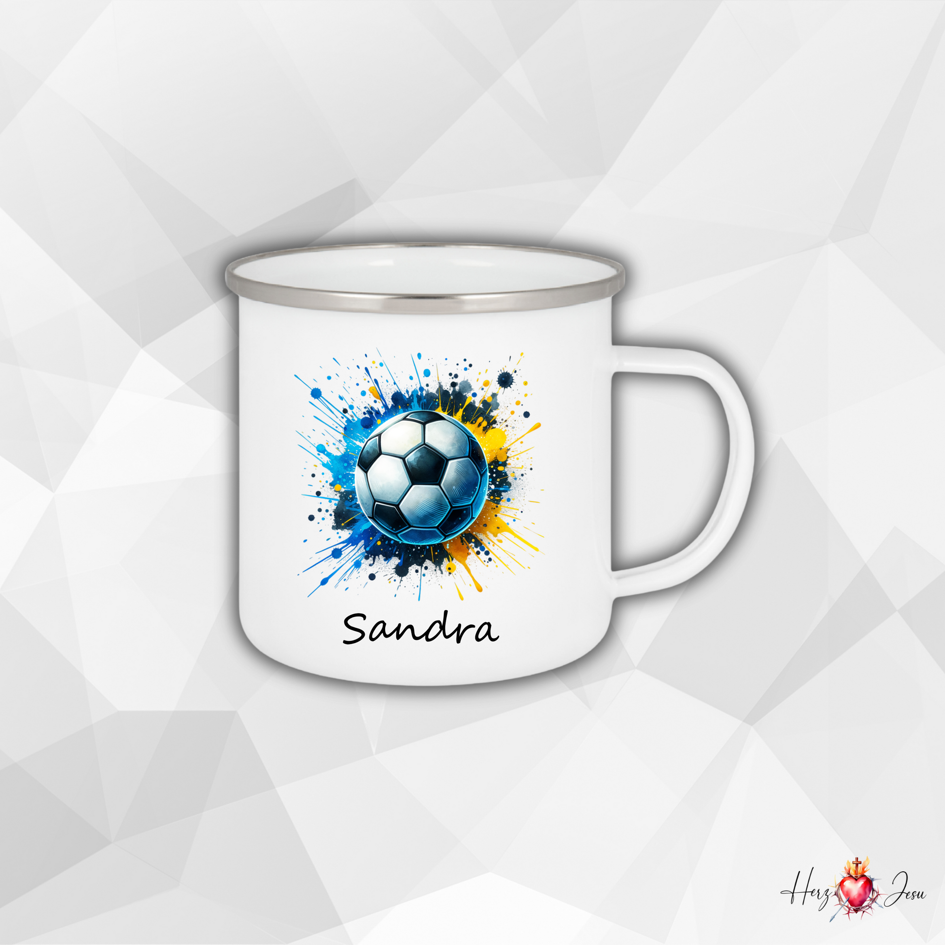 Personalisierte Emaille Tasse mit Namen | Fußball Kindertasse Edelstahl