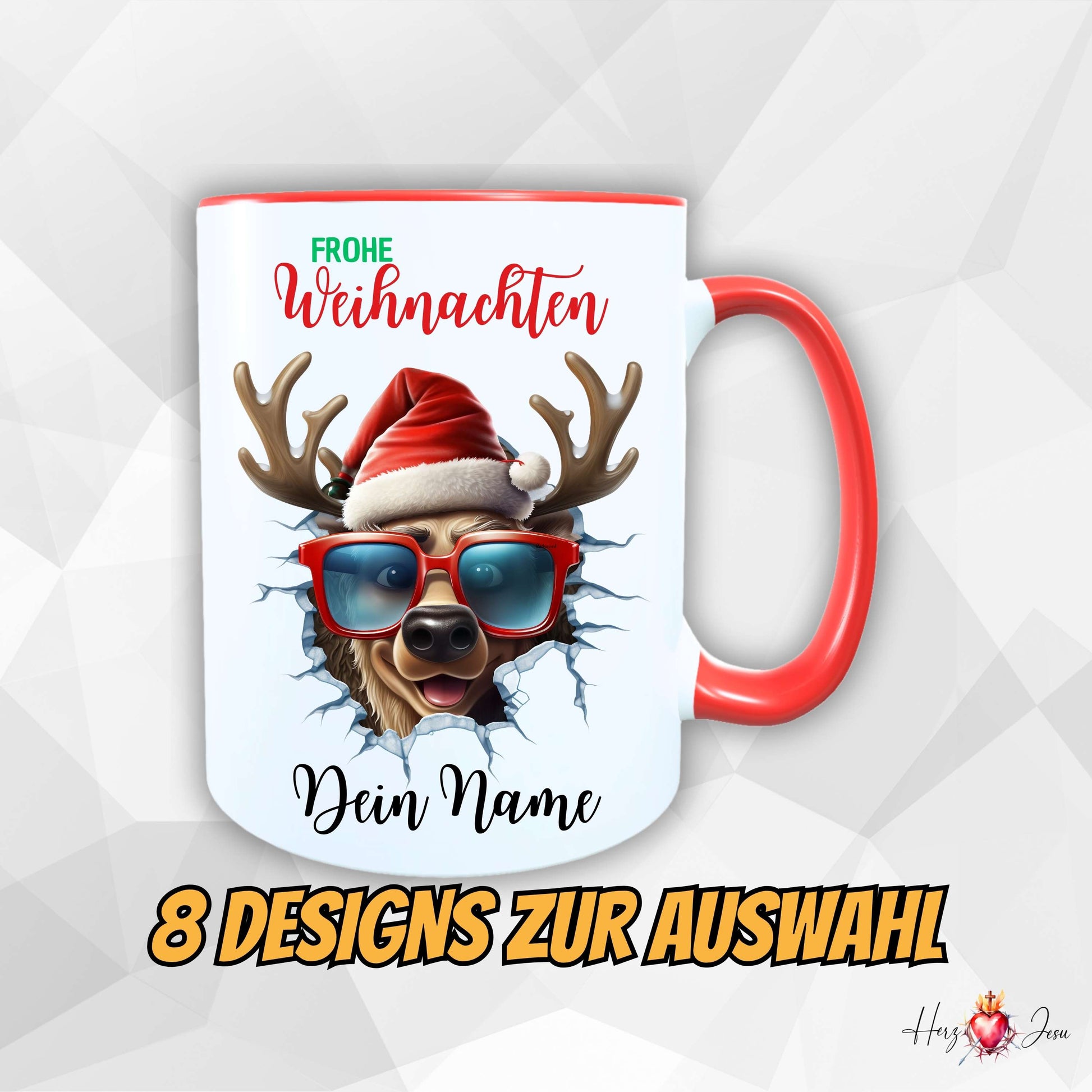 Personalisierte Weihnachtstasse mit rotem Henkel – Rentier mit Weihnachtsmütze und Sonnenbrille, Aufdruck ‚Frohe Weihnachten‘ und Wunschname, originelles Weihnachtsgeschenk, 8 Designs zur Auswahl
