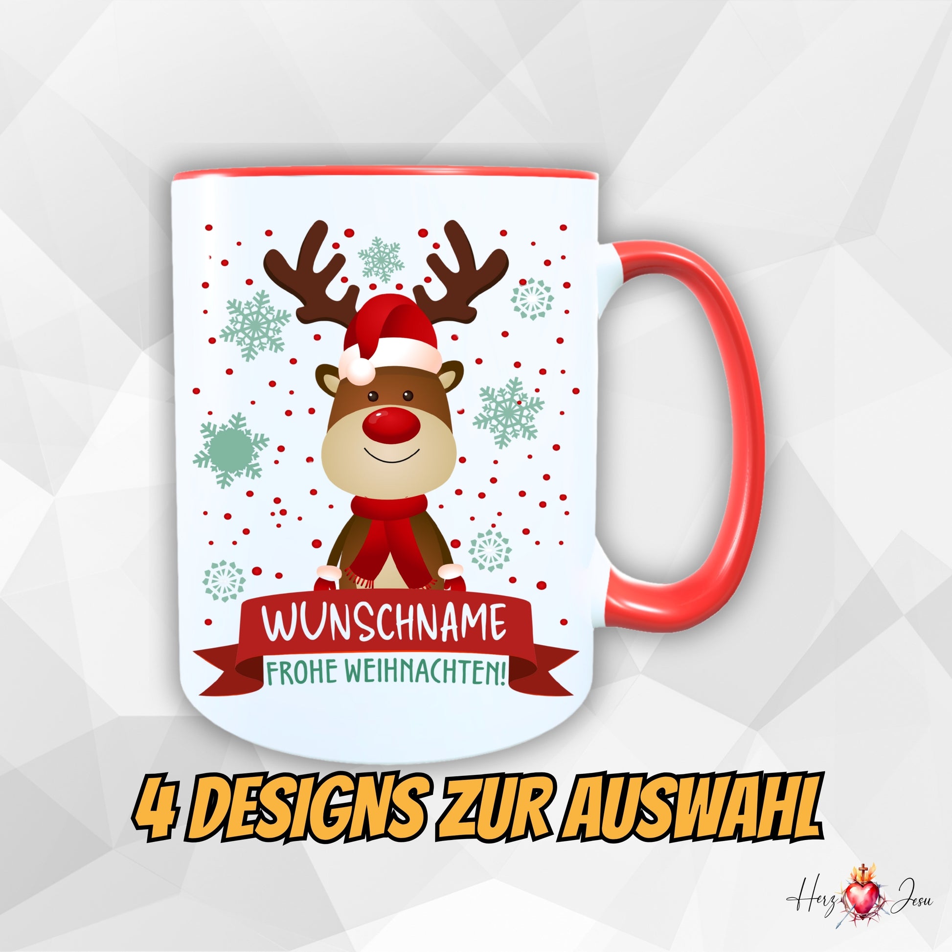 Weihnachtstasse mit rotem Henkel und Rand, bedruckt mit einem fröhlichen Rentier im Weihnachtslook, Schneeflocken und Textfeld „Wunschname – Frohe Weihnachten!“
