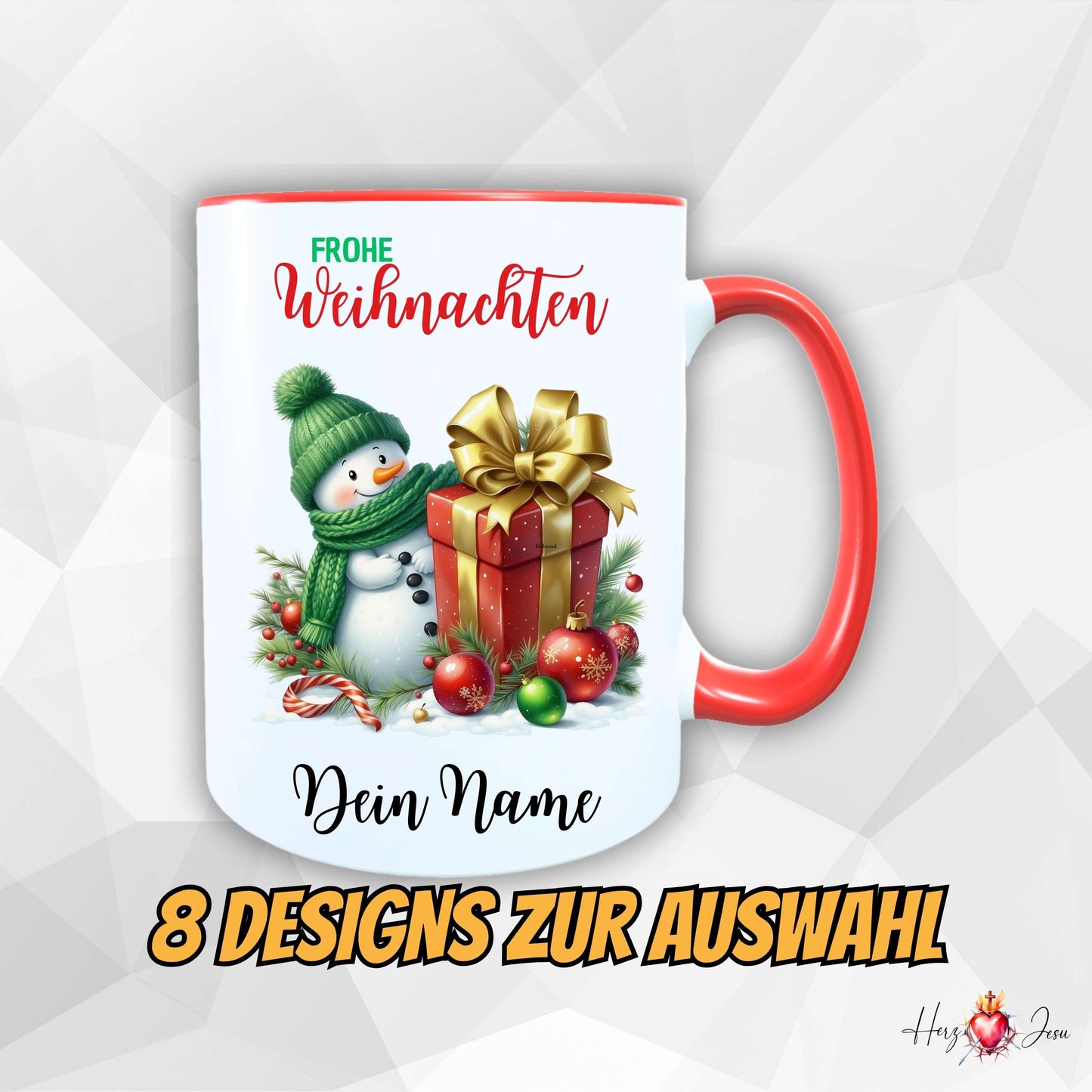 „Personalisierte Weihnachtstasse mit rotem Henkel – Motiv Schneemann mit grünem Schal und Mütze neben großem Geschenk mit goldener Schleife, dekoriert mit Weihnachtskugeln und Zuckerstange, Aufdruck ‚Frohe Weihnachten‘ und Wunschname. Originelle Geschenkidee zu Weihnachten, 8 Designs zur Auswahl