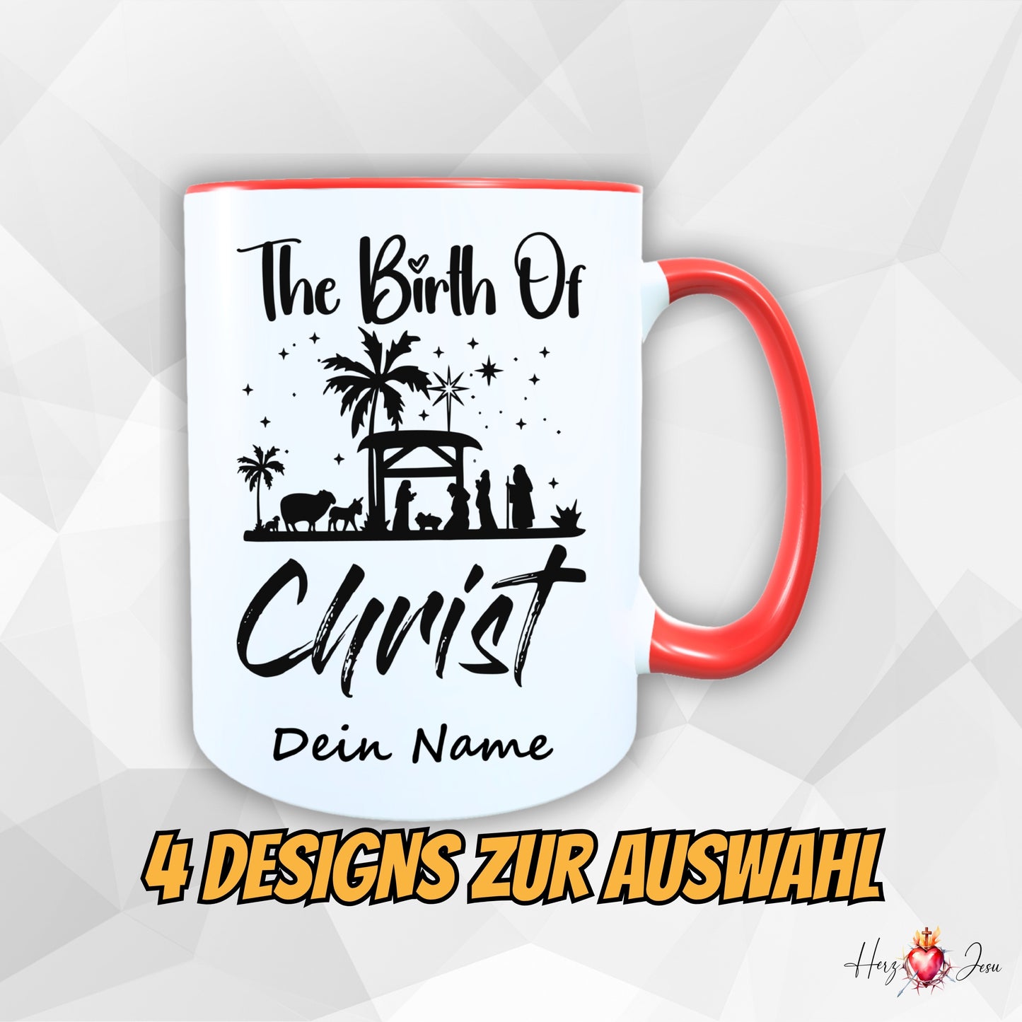 Personalisierte Tasse mit Weihnachtsmotiv – Geburt Christi Krippenszene, rote Henkel, 4 Designs zur Auswahl, mit eigenem Namen bedruckbar