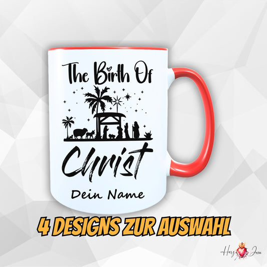 Personalisierte Tasse mit Weihnachtsmotiv – Geburt Christi Krippenszene, rote Henkel, 4 Designs zur Auswahl, mit eigenem Namen bedruckbar
