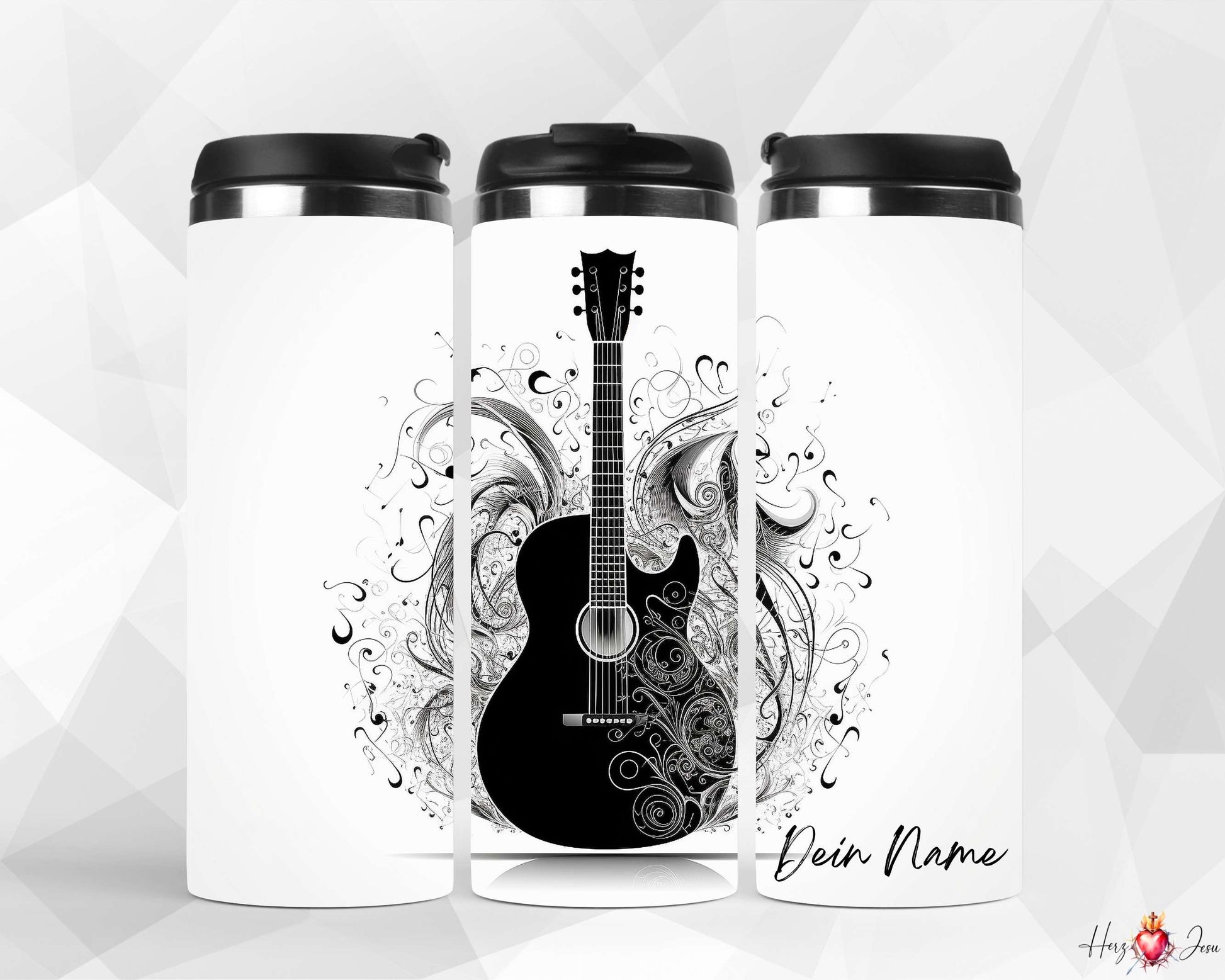 Personalisierter Thermobecher mit Gitarre Motiv in Schwarz-Weiß, individueller Name bedruckt – stilvolles Geschenk für Musikliebhaber