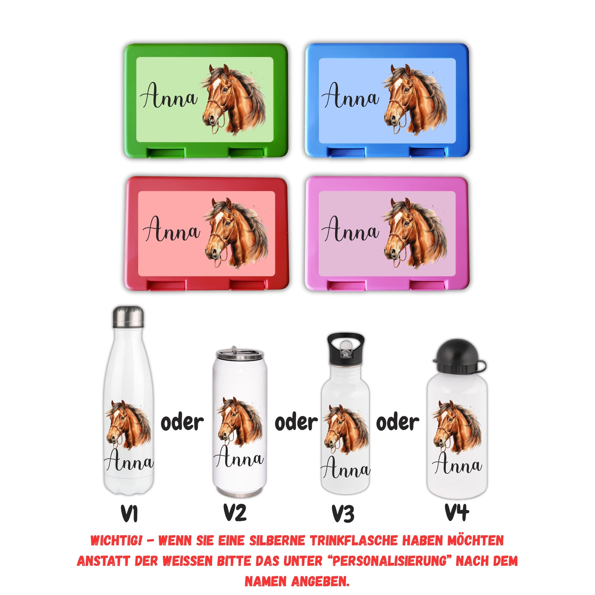 Personalisierte Brotzeitbox & Trinkflasche | Pferde Kinder