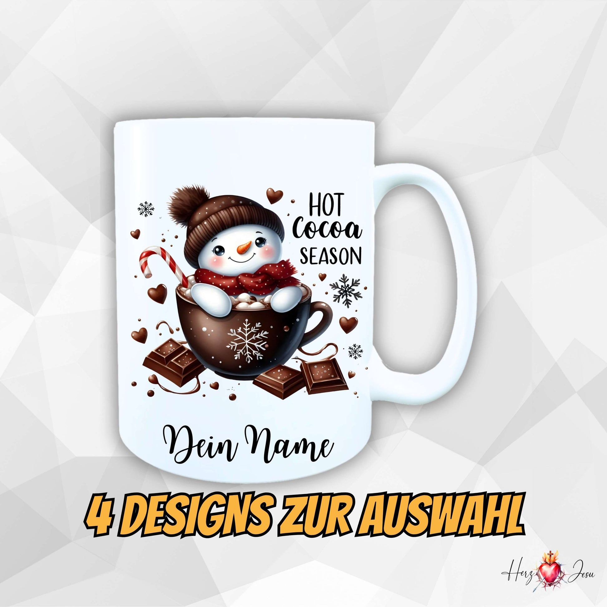 Personalisierte Wintertasse mit Schneemann im Kakaobecher, Schokolade und Zuckerstange – Aufdruck ‚Hot Cocoa Season‘ mit Wunschname, 4 Designs zur Auswahl.“