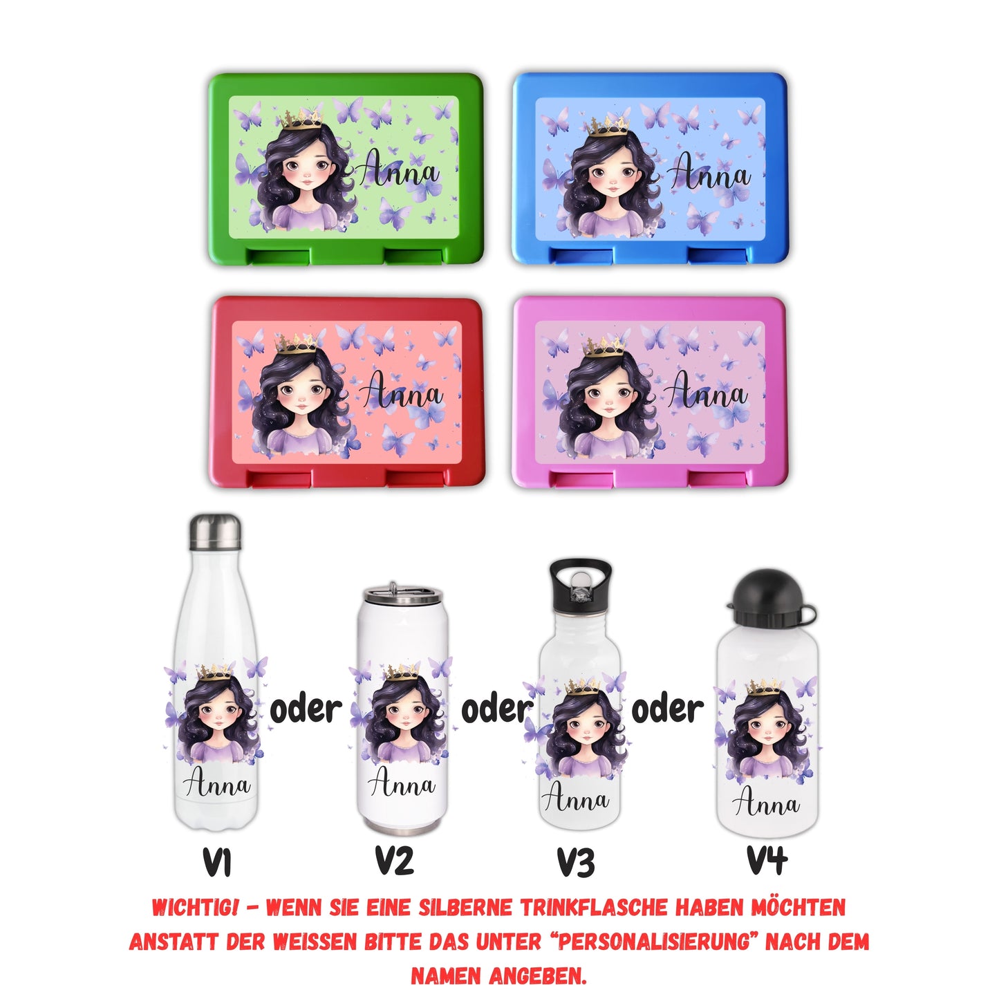 Brotzeitbox mit Trinkflasche | Personalisierbar Prinzessin Einschulung