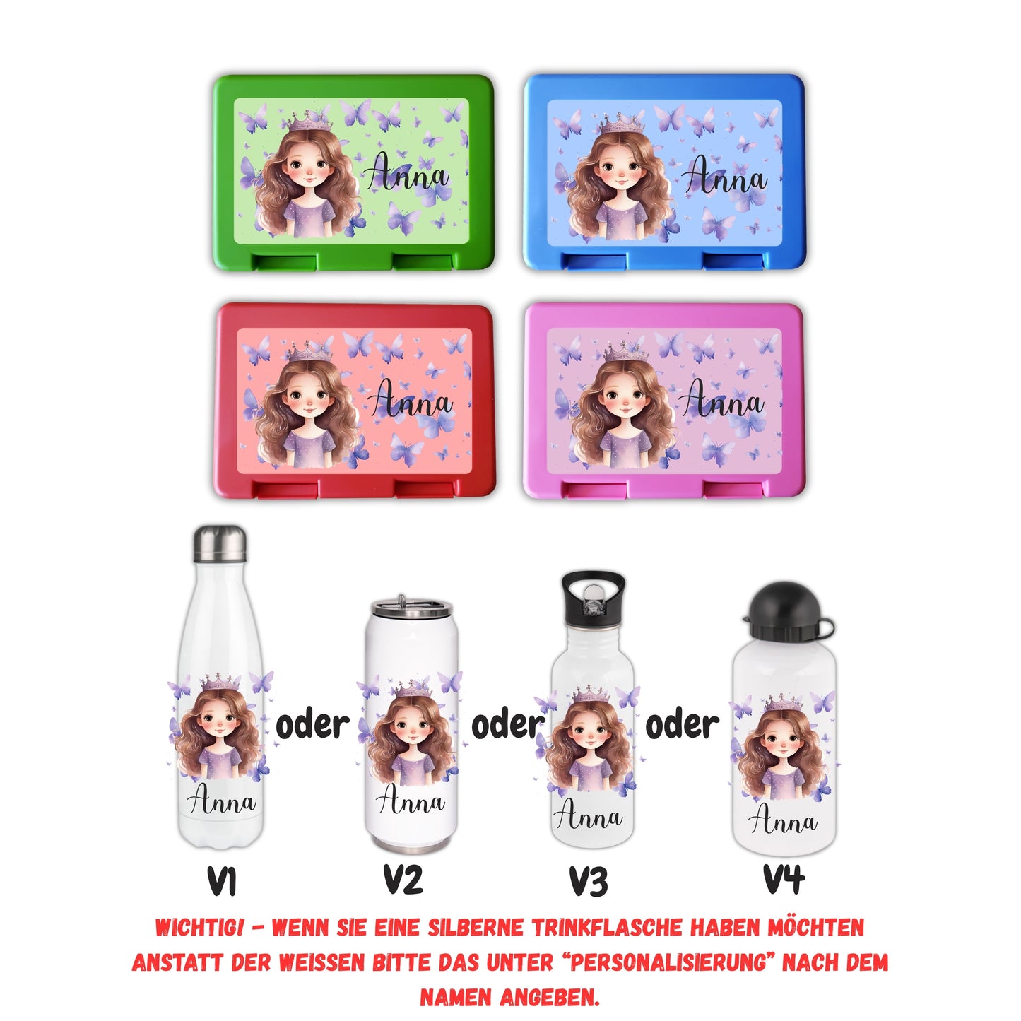 Brotzeitbox mit Trinkflasche | Personalisierbar Prinzessin Einschulung