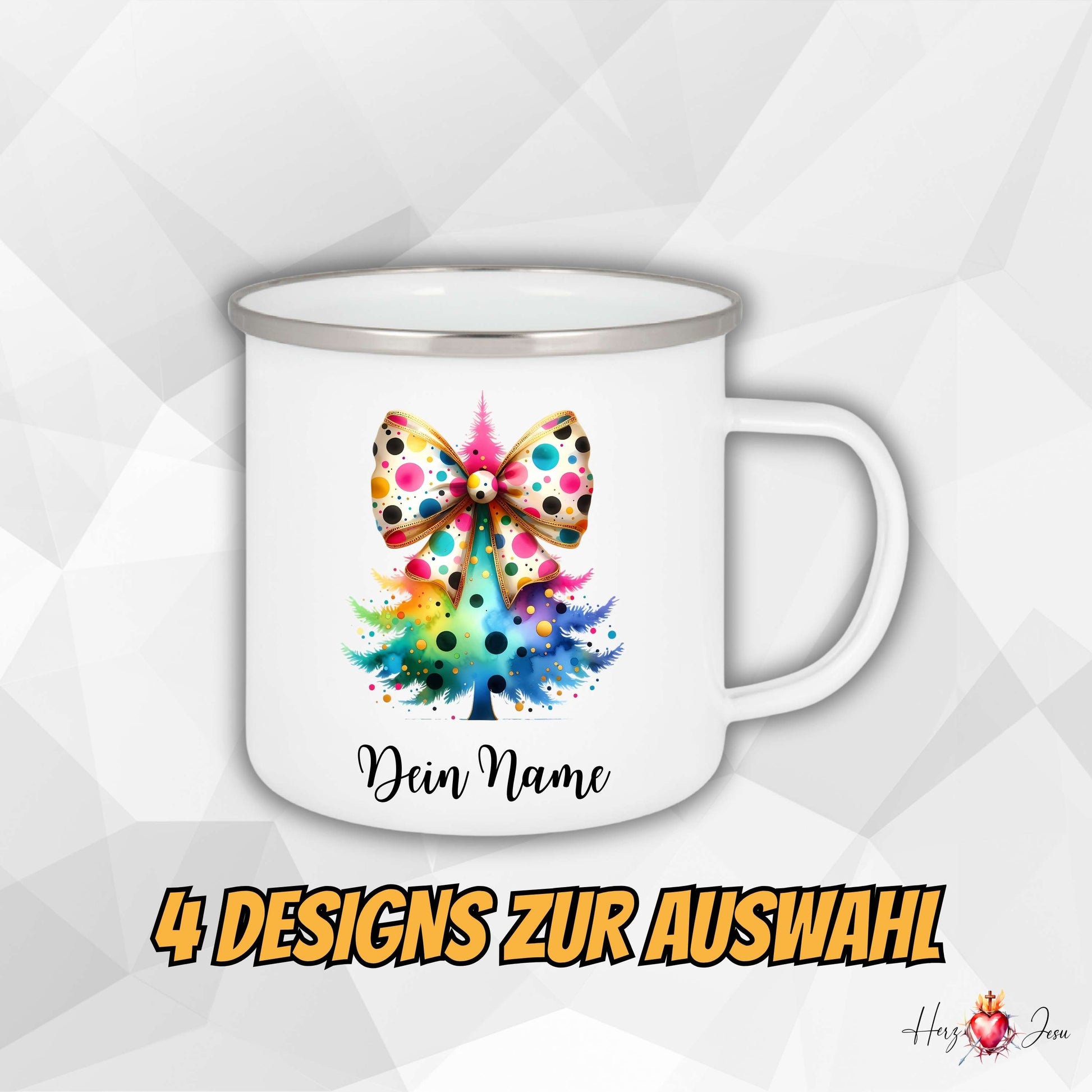 Personalisierte Emaille Tasse mit Weihnachtsbaum Motiv, Geschenk für Frauen