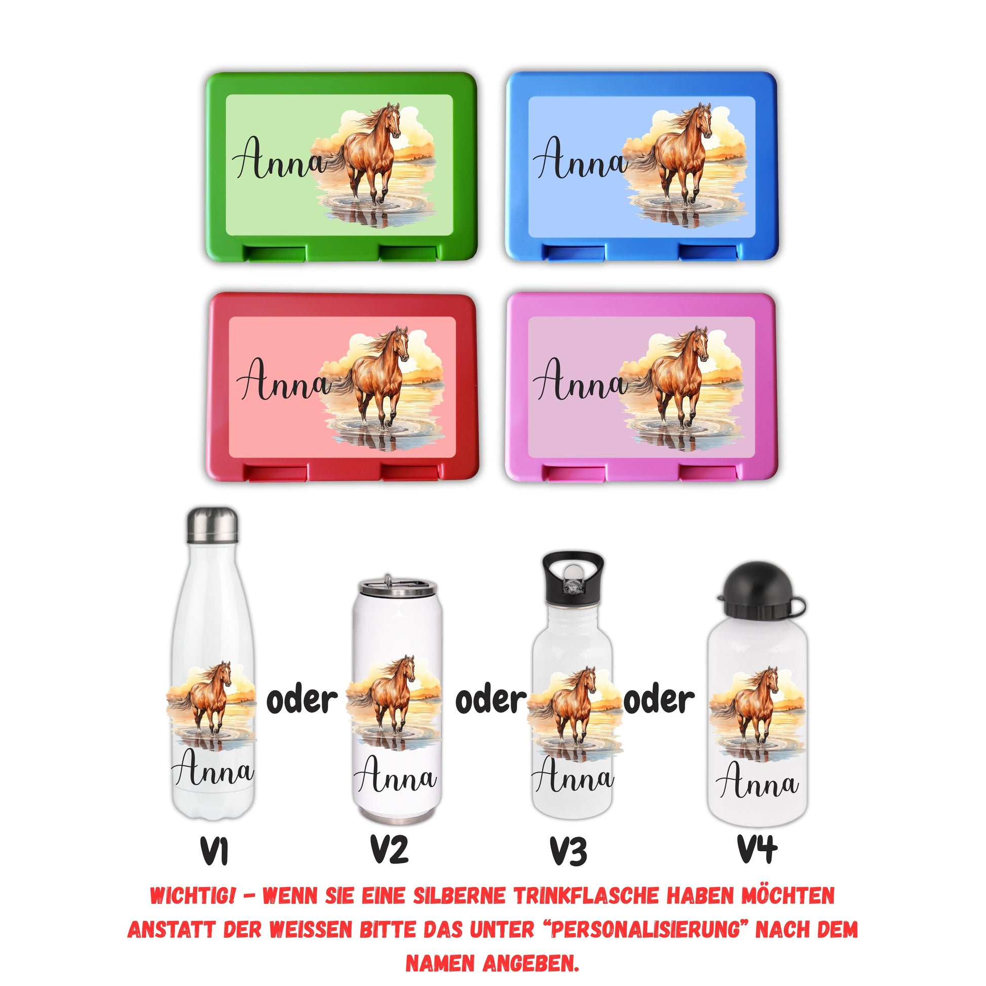 Personalisierte Brotzeitbox & Trinkflasche | Pferde Kinder