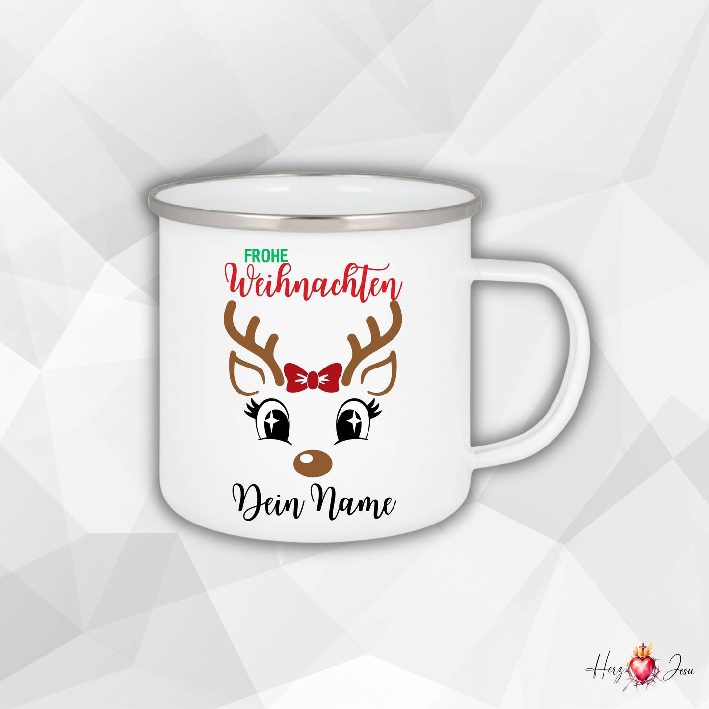 Personalisierte Emaille Tasse mit Namen Edelstahl Tasse Weihnachtstasse personalisiert Rentier Design als Geschenkidee_0028H