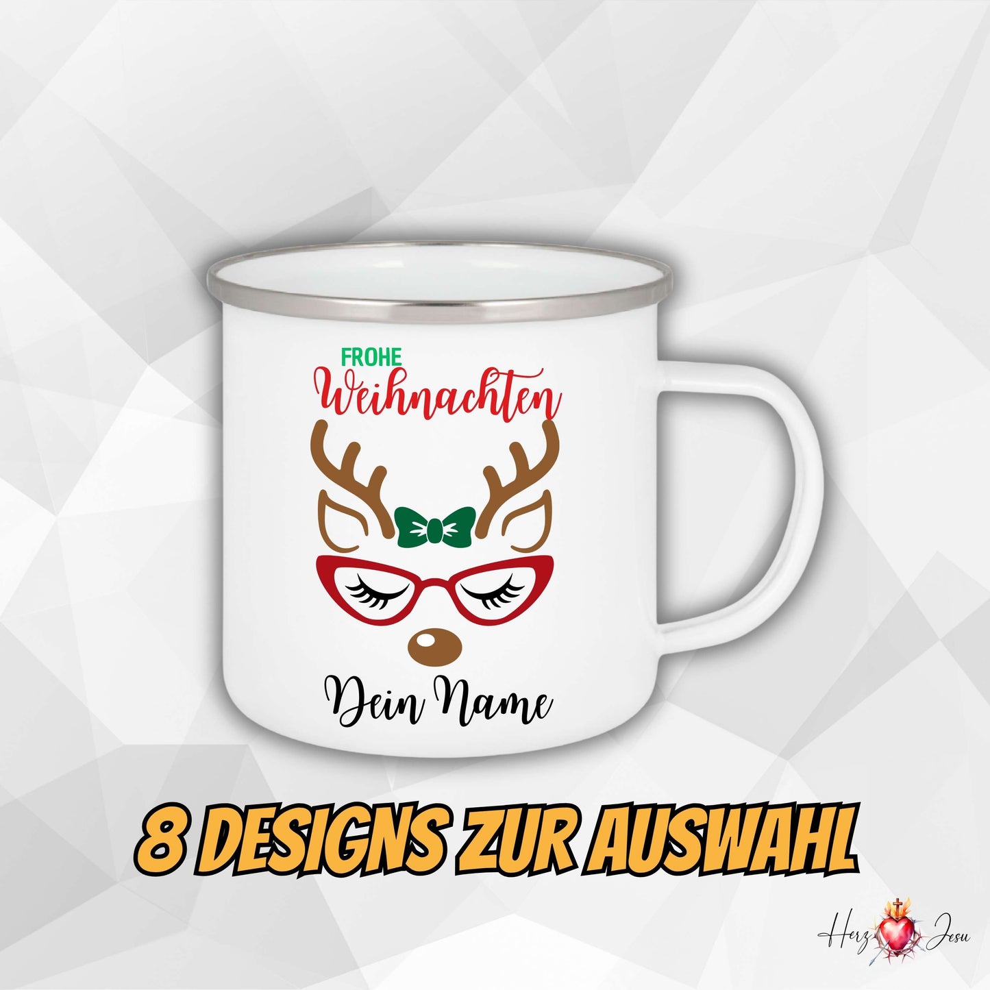 Personalisierte Emaille Tasse mit Rentier Design, Weihnachtstasse