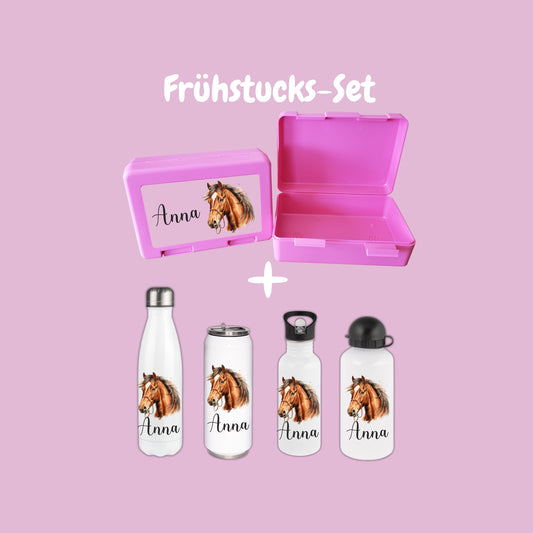Personalisierte Brotzeitbox & Trinkflasche | Pferde Kinder