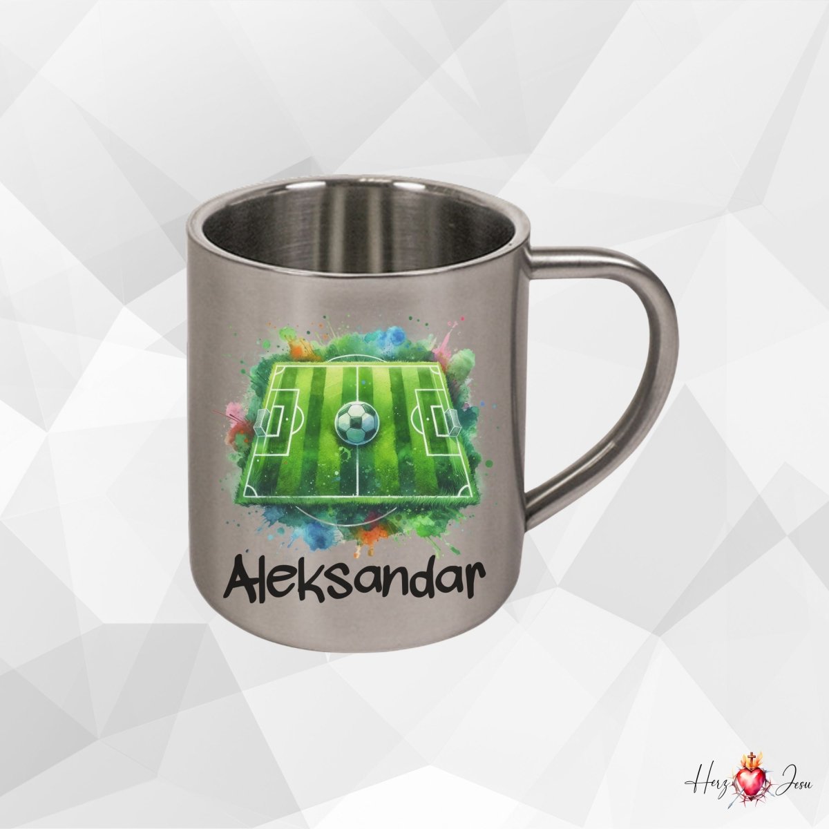 Personalisierte Edelstahl Tasse mit Namen Kaffeetasse Geschenkidee Camping Outdoor Fußball_014K - Herz Jesu