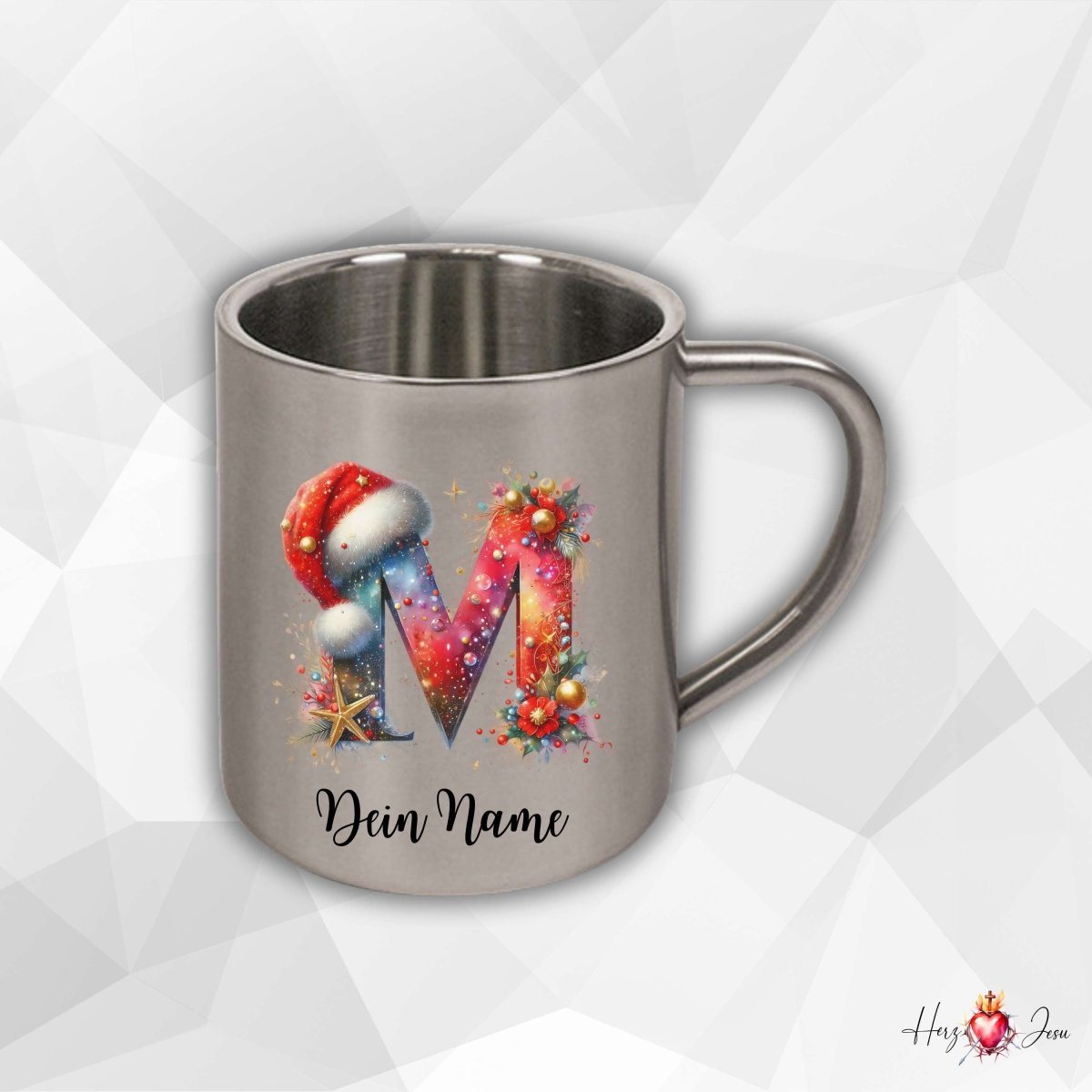 Personalisierte Edelstahl Tasse mit Namen Kaffeetasse Geschenkidee Camping Weihnachtsmotiv_020K - Herz Jesu