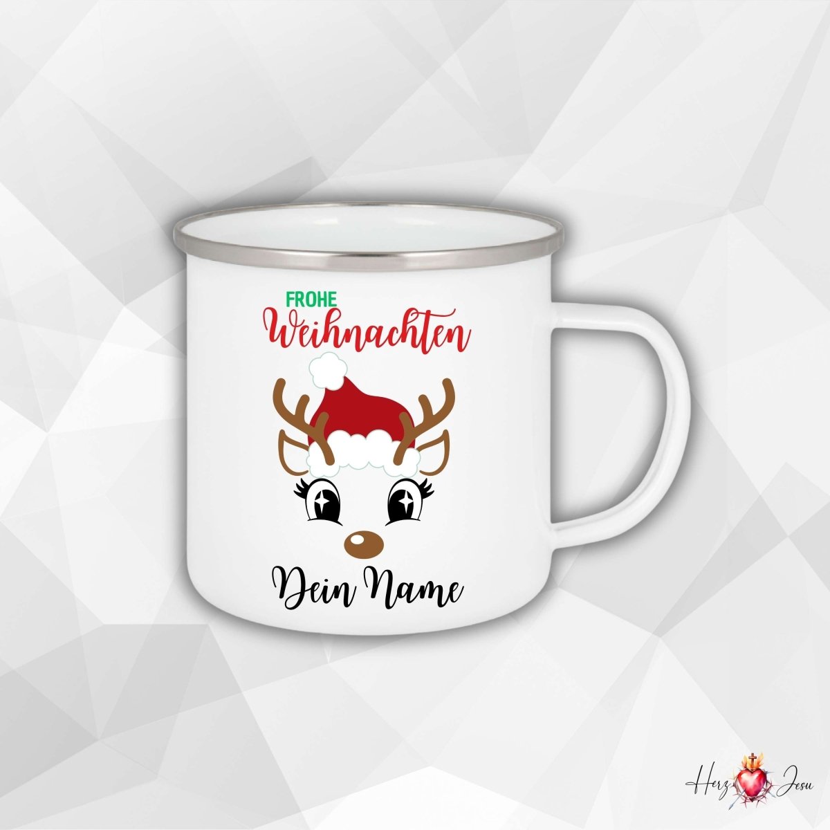 Personalisierte Emaille Tasse mit Namen Edelstahl Tasse Weihnachtstasse personalisiert Rentier Design als Geschenkidee_0028H - Herz Jesu