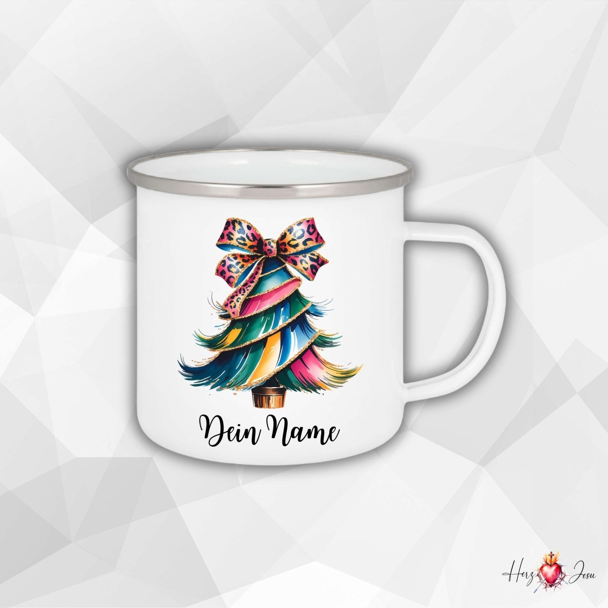 Personalisierte Emaille Tasse mit Namen Edelstahl Tasse Weihnachtstasse personalisiert Weihnachtsbaum Design als Geschenkidee_0030H - Herz Jesu