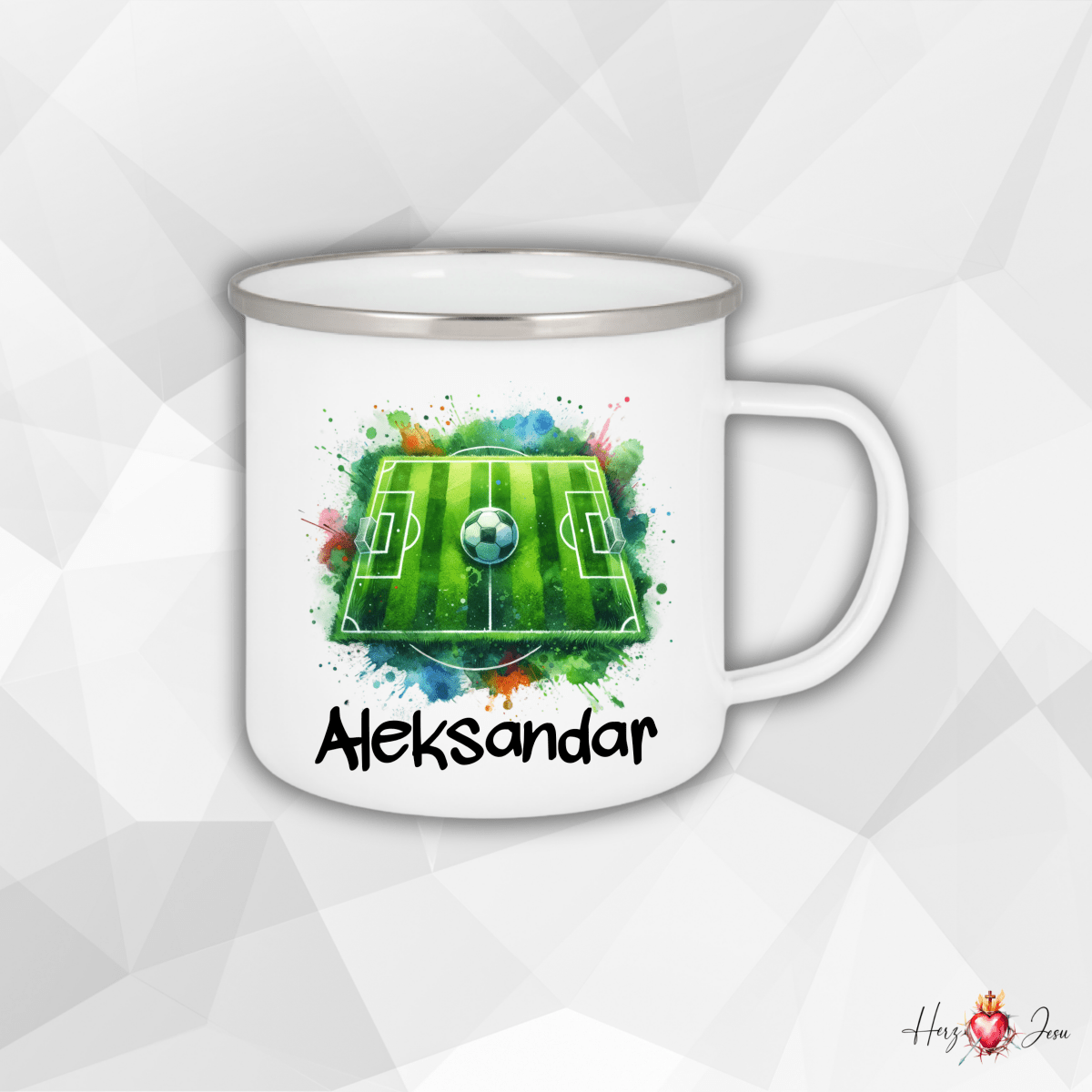 Personalisierte Emaille Tasse mit Namen Fußball Kindertasse Edelstahl Tasse_020H - Herz Jesu