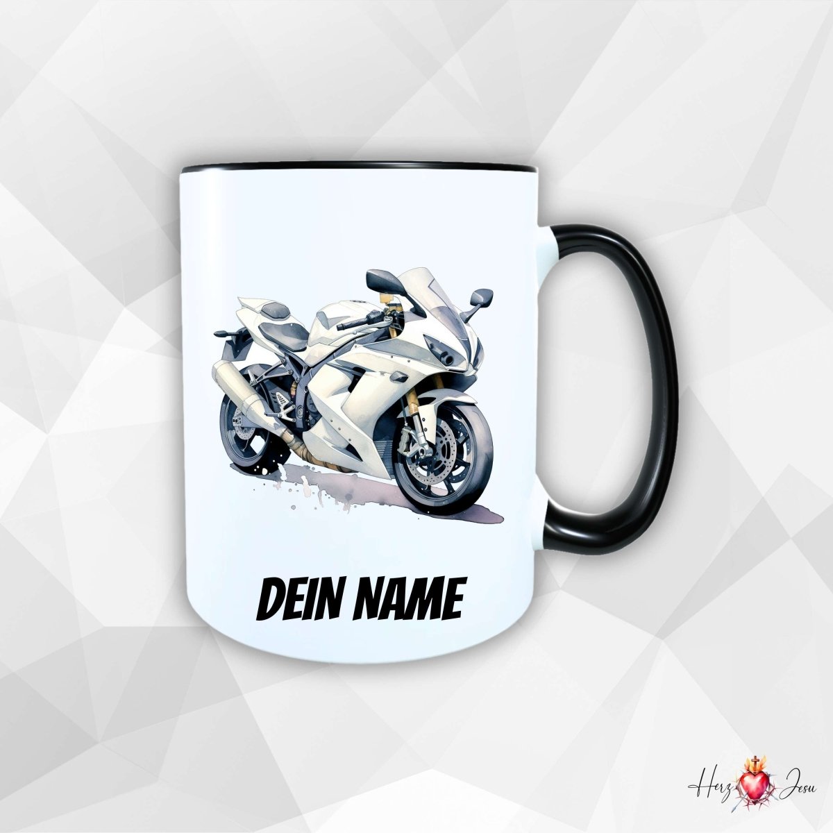 Personalisierte Keramik Tasse mit Namen – Motorrad Motiv | Geschenkidee für Kinder & Schulanfänger_0088T - Herz Jesu