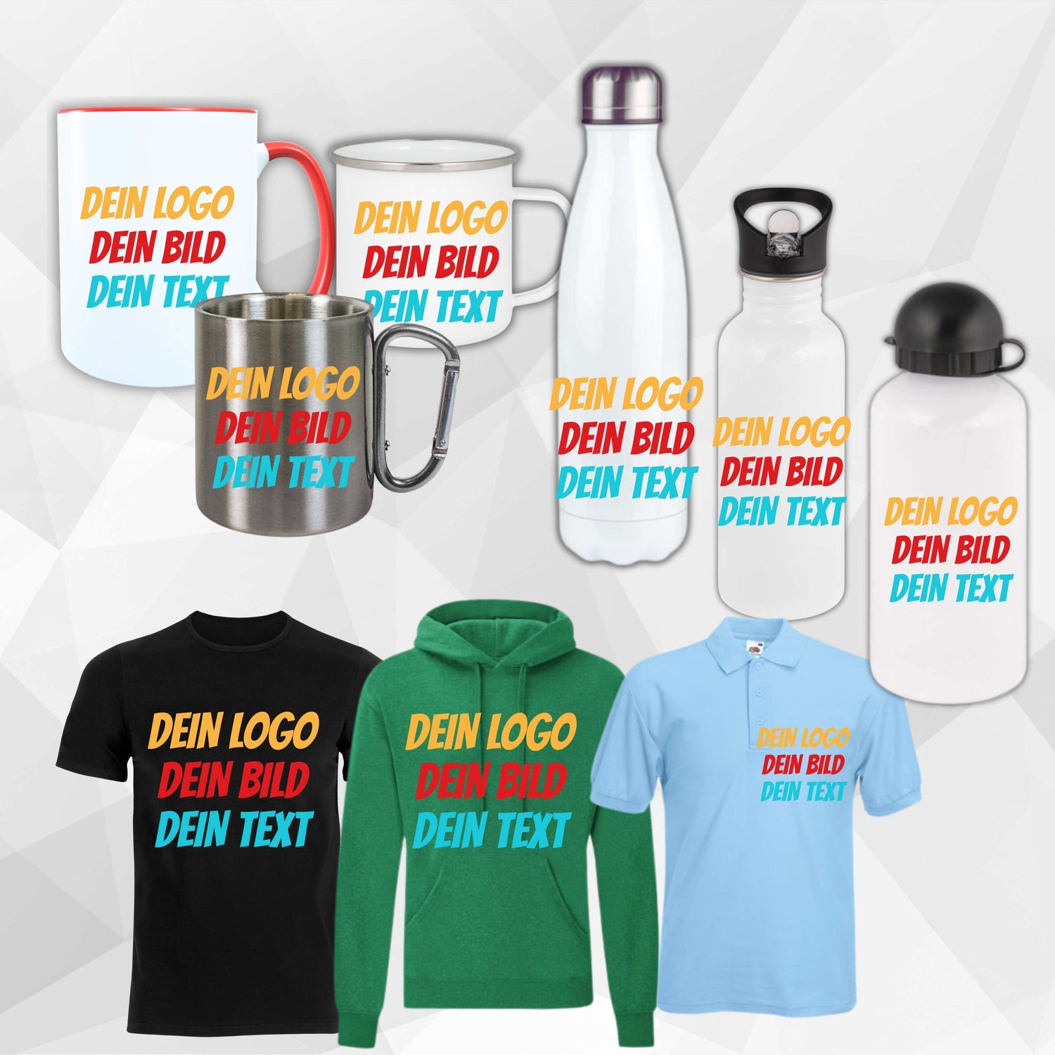 Personalisierte Werbeartikel mit Logo, Bild und Text: Tassen, Trinkflaschen, Thermobecher, T-Shirts, Hoodies und Poloshirts als individuelle Werbegeschenke.