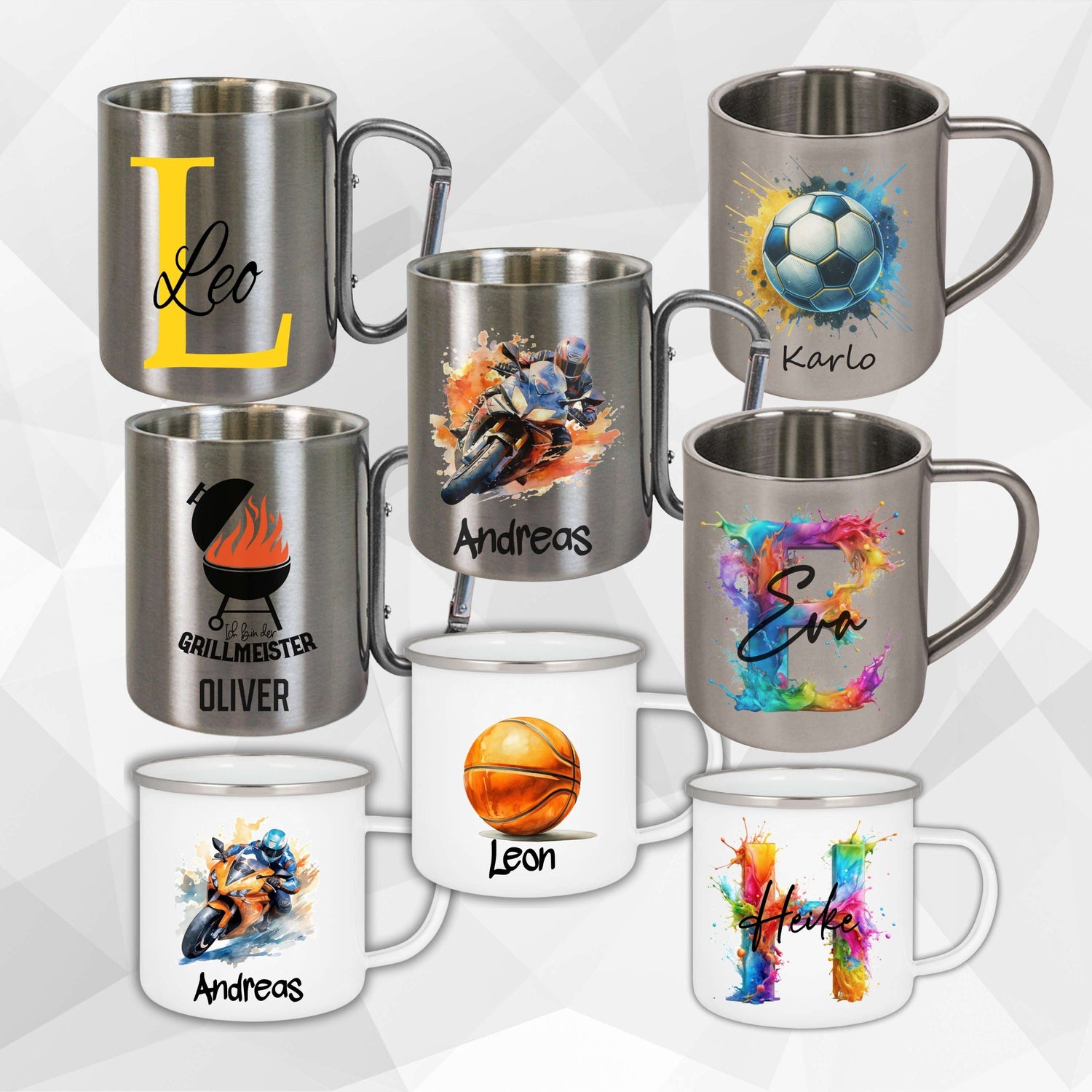 Personalisierte Edelstahl- und Emaille-Tassen mit Namen und Motiven wie Motorrad, Fußball, Basketball, bunte Initialen und Grillmeister-Design.