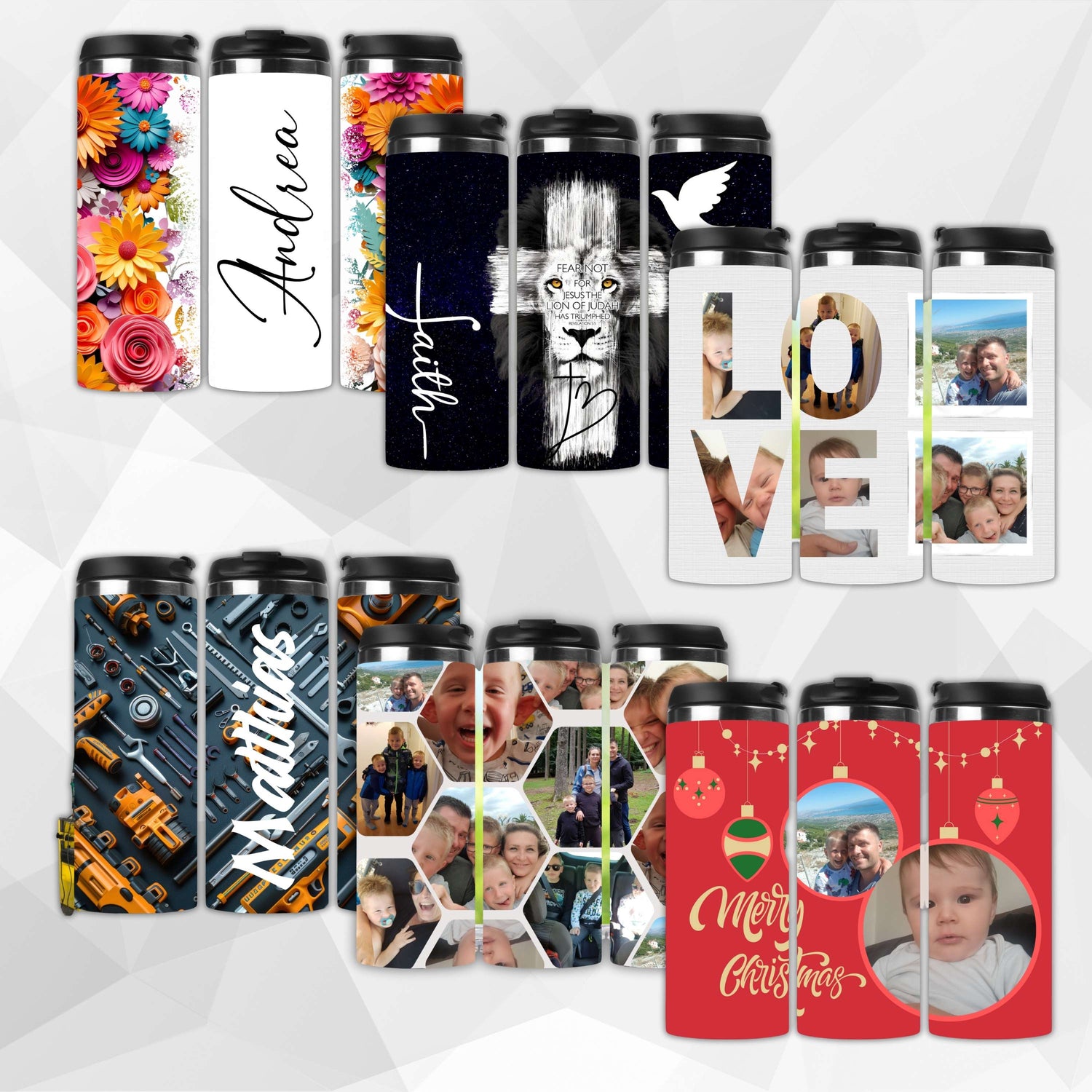 Kollektion personalisierte Thermobecher mit Blumenmotiv, Foto-Collage, Werkzeugdesign, Weihnachtsmotiv und individuellen Namen – Geschenkidee für jeden Anlass