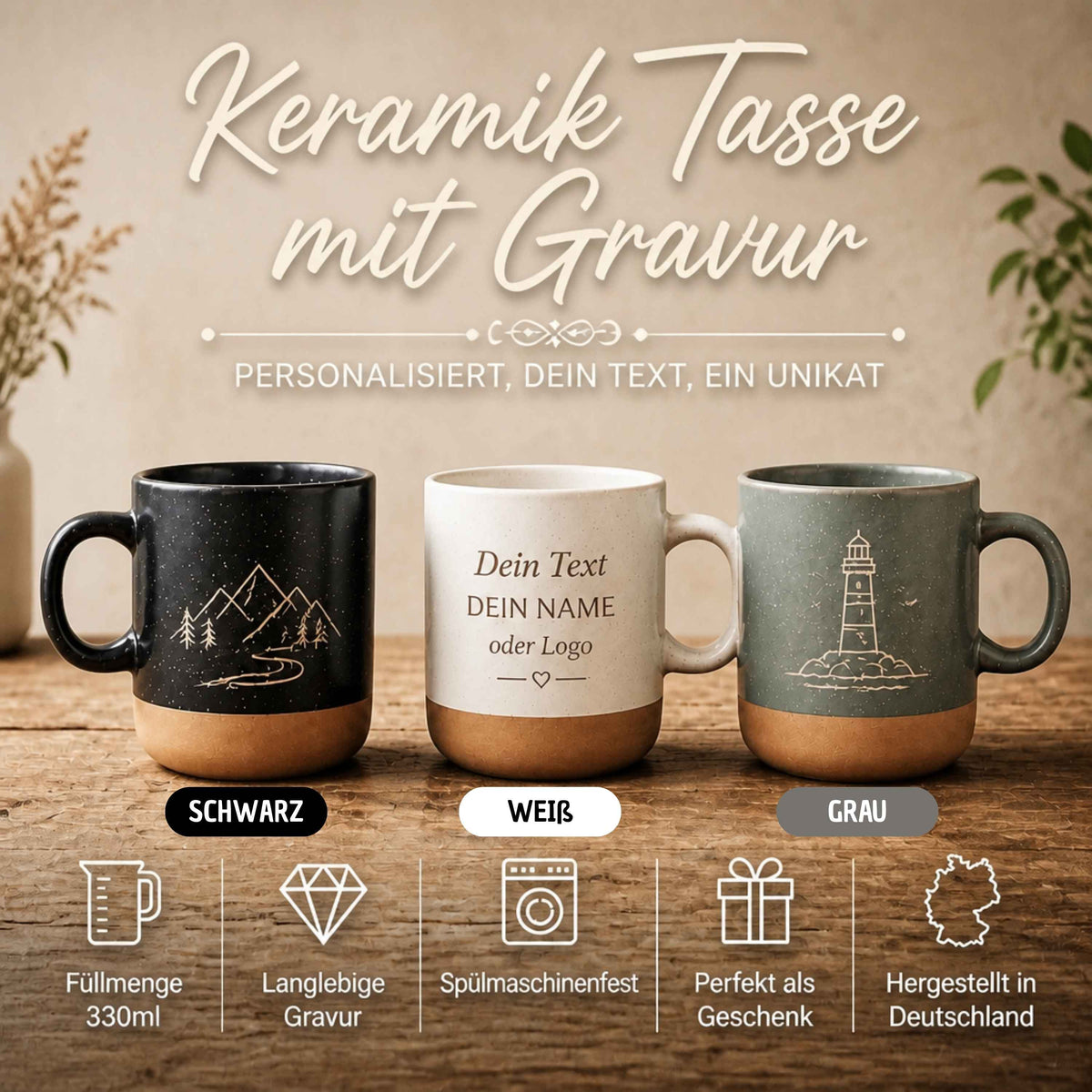 Personalisierte Tasse mit Gravur – Keramiktasse mit Name, Logo oder Wunschtext | Lasergravur Geschenkidee_001LC