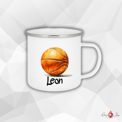 Personalisierte Emaille Tasse mit Namen Basketball Kindertasse Edelstahl Tasse_023H