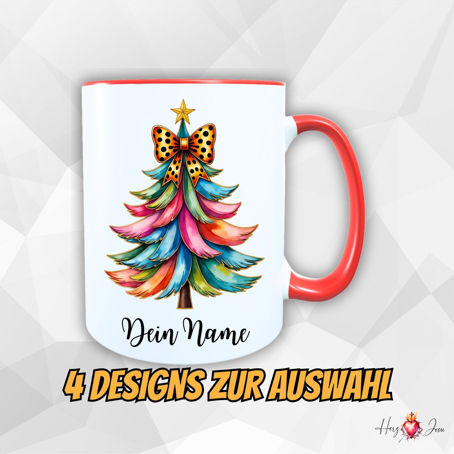 Personalisierte Weihnachtstasse mit buntem Weihnachtsbaum, rotem Henkel und individuellem Namen. 4 Designs zur Auswahl als Geschenkidee.