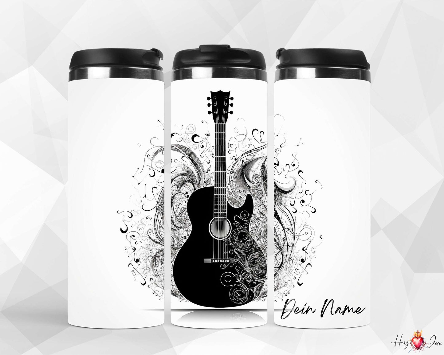 Personalisierter Thermobecher mit Gitarre Motiv in Schwarz-Weiß, individueller Name bedruckt – stilvolles Geschenk für Musikliebhaber