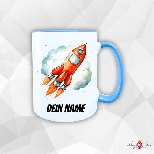 Personalisierte Tasse mit Namen, Rakete Motiv