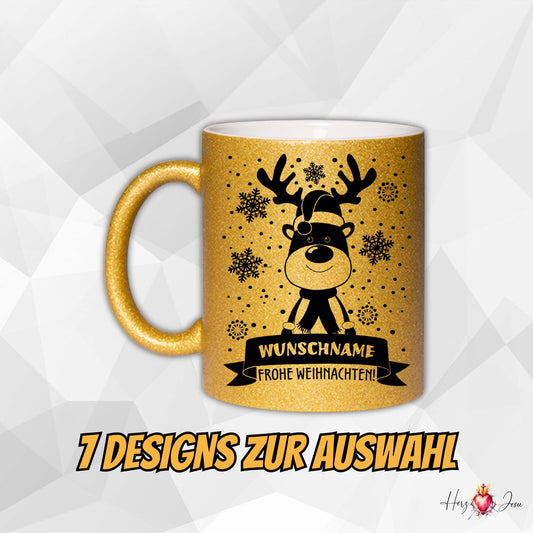 Personalisierte Glitzer Tasse mit Weihnachtsmotiv
