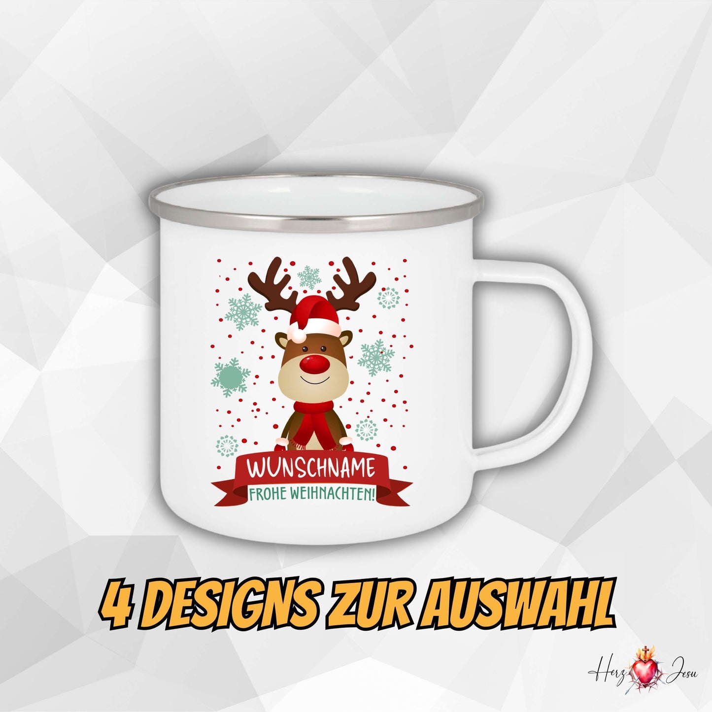 Personalisierte Emaille Tasse mit Namen Rentier Motiv