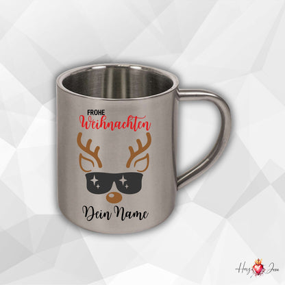 Personalisierte Edelstahl Tasse mit Namen Kaffeetasse Geschenkidee Camping Weihnachtsmotiv Rentier Motiv_022K