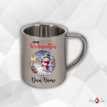 Personalisierte Edelstahl Tasse mit Namen Kaffeetasse Geschenkidee Camping Weihnachtsmotiv Rentier Motiv_023K