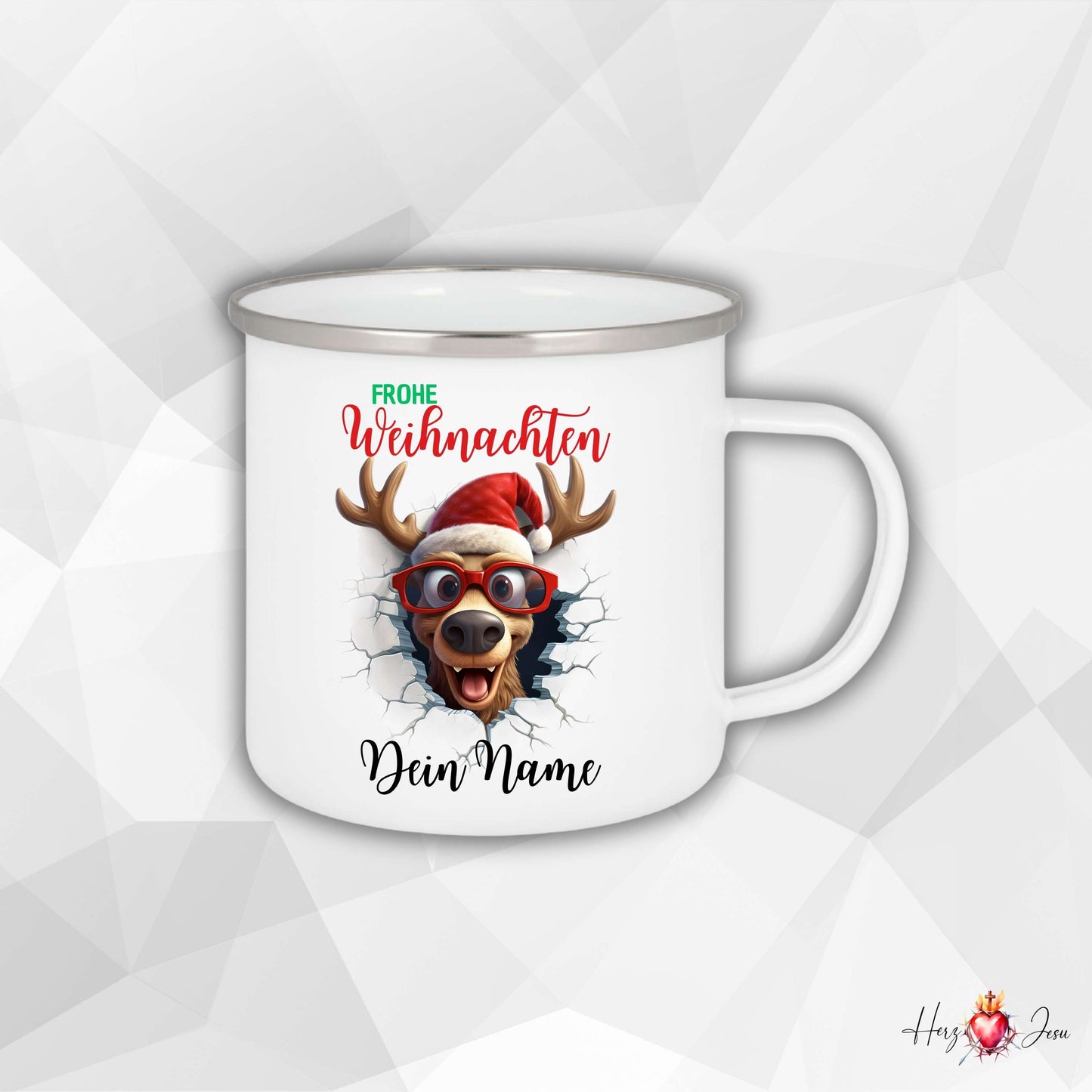 Personalisierte Emaille Tasse mit Namen Edelstahl Tasse Weihnachtstasse personalisiert Rentier Design als Geschenkidee_0025H