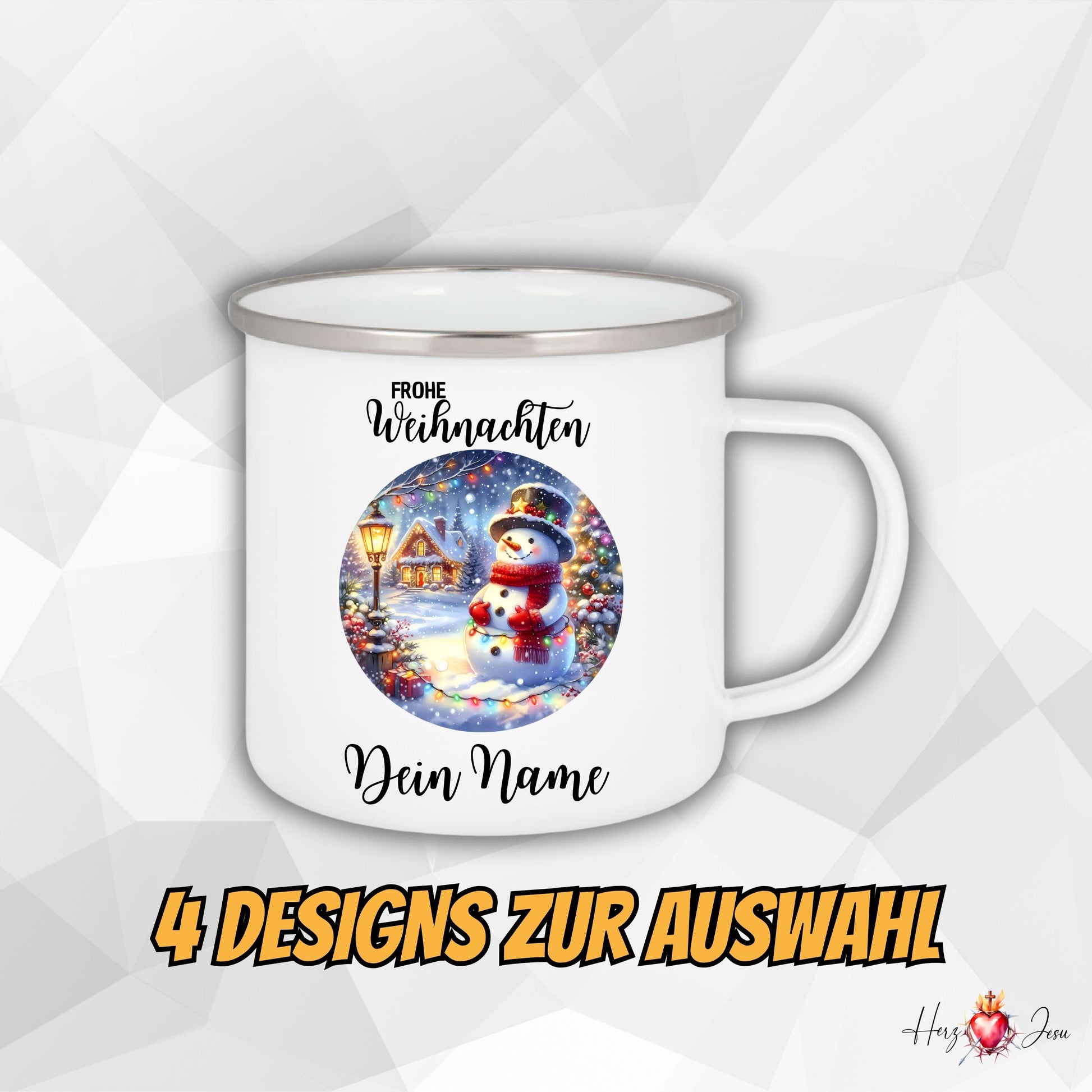 Personalisierte Emaille Tasse mit Schneemann