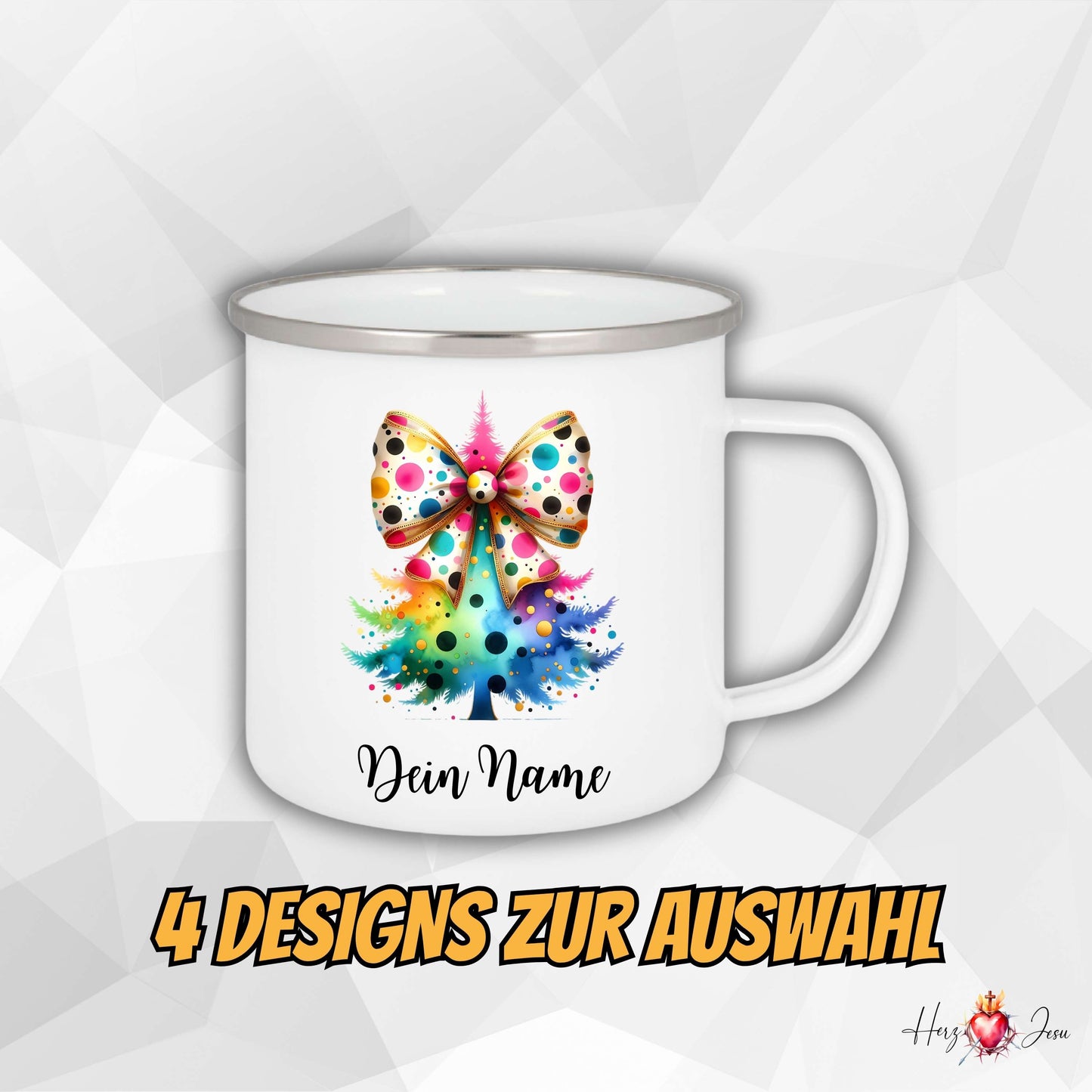 Personalisierte Emaille Tasse mit Weihnachtsbaum Motiv, Geschenk für Frauen