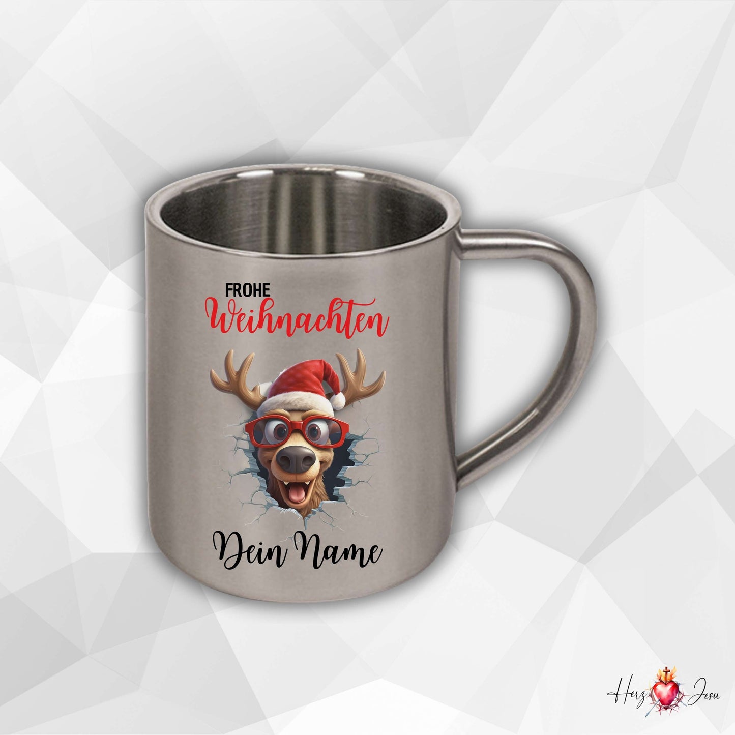 Personalisierte Edelstahl Tasse mit Namen Kaffeetasse Geschenkidee Camping Weihnachtsmotiv 3D Rentier Motiv_021K