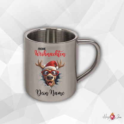 Personalisierte Edelstahl Tasse mit Namen Kaffeetasse Geschenkidee Camping Weihnachtsmotiv 3D Rentier Motiv_021K