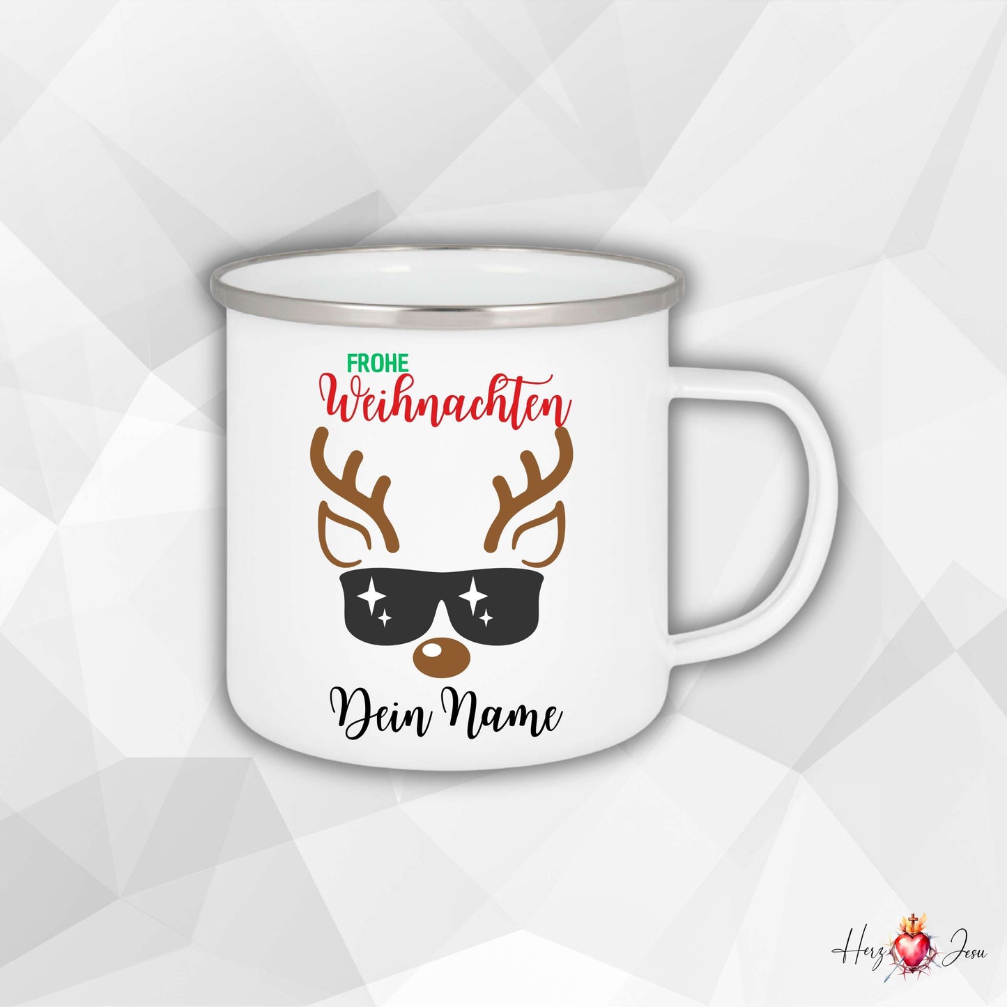 Personalisierte Emaille Tasse mit Rentier Design, Weihnachtstasse