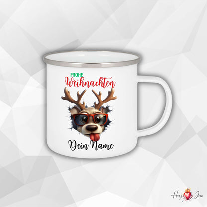 Personalisierte Emaille Tasse mit Namen Edelstahl Tasse Weihnachtstasse personalisiert Rentier Design als Geschenkidee_0025H