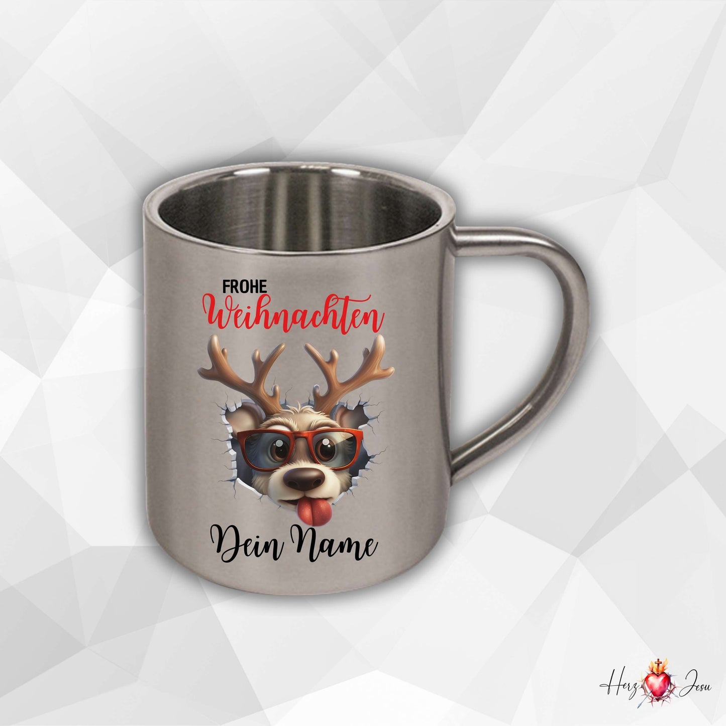Personalisierte Edelstahl Tasse mit Namen Kaffeetasse Geschenkidee Camping Weihnachtsmotiv 3D Rentier Motiv_021K