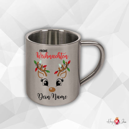 Personalisierte Edelstahl Tasse mit Namen Kaffeetasse Geschenkidee Camping Weihnachtsmotiv Rentier Motiv_022K