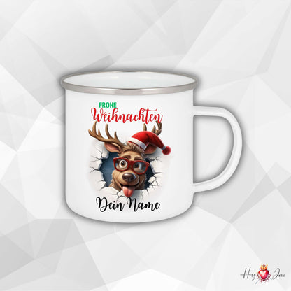 Personalisierte Emaille Tasse mit Namen Edelstahl Tasse Weihnachtstasse personalisiert Rentier Design als Geschenkidee_0025H